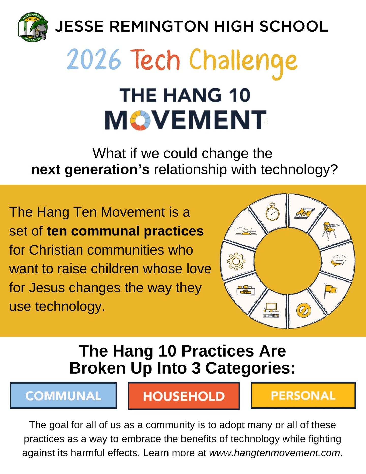 Our annual Tech Challenge begins today! We encourage students to consider how they steward their use of technology, utilizing resources from Justin Earley's Hang Ten Movement. The aim is to impart a set of ten technology practices for Christian communities that want to receive the gifts of technology while resisting its evils. Today, Miss Ellie and Mr. Philbrick led a special assembly to usher in this year’s challenge: each JRHS student will choose one of the ten commitments to put into practice. Miss Ellie will provide deeper insight into this very relevant issue of technology addiction in teenagers, drawing from The Coddling of the American Mind by Greg Lukianoff and The Anxious Generation by Jonathan Haidt. We are very excited to guide our students toward wisdom in their use of technology, and we invite you to join us in this challenge at home as well.
Learn more about Justin Earley’s Hang Ten Movement at https://www.hangtenmovement.com/.