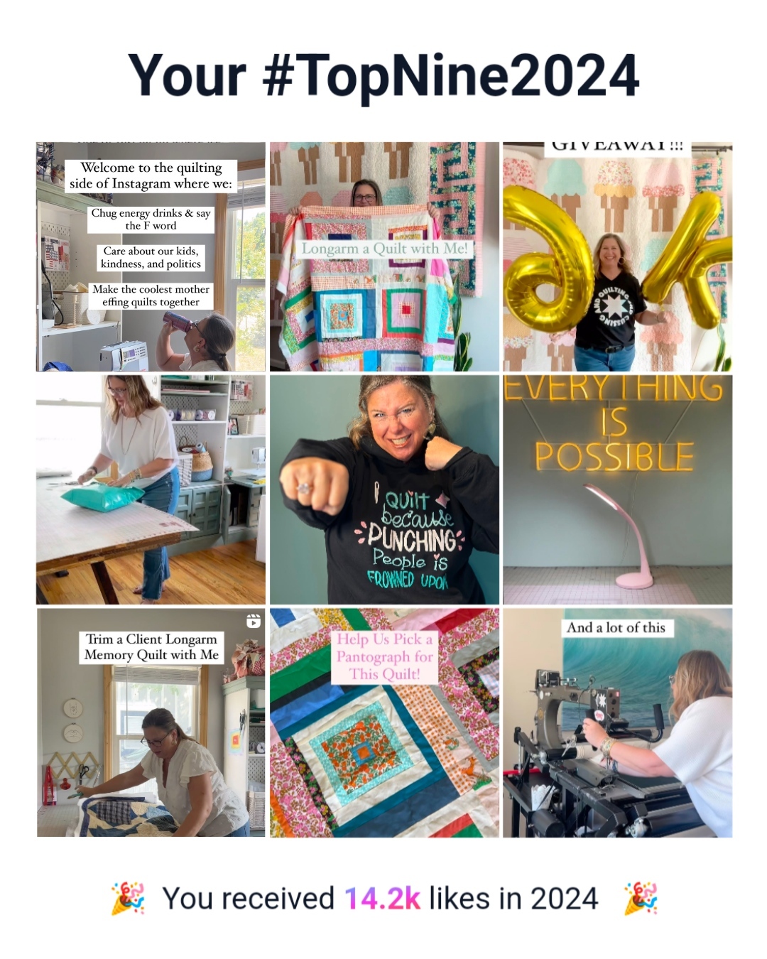 What an incredible year it’s been at Katie’s Quilting Co! Truly a patchwork of creativity, fun, and connection!
I’m so thankful for each and every one of you who’ve been part of this quilting community with me.
Here’s to stitching together even more memories and projects in the coming year. Wishing you a happy and safe New Year’s Eve, and let’s keep the quilting adventures rolling in 2025! 🧵✨
#topnine2024 #makingmemoriestogether #remembering2024 #heresto2025 #quiltingcommunity