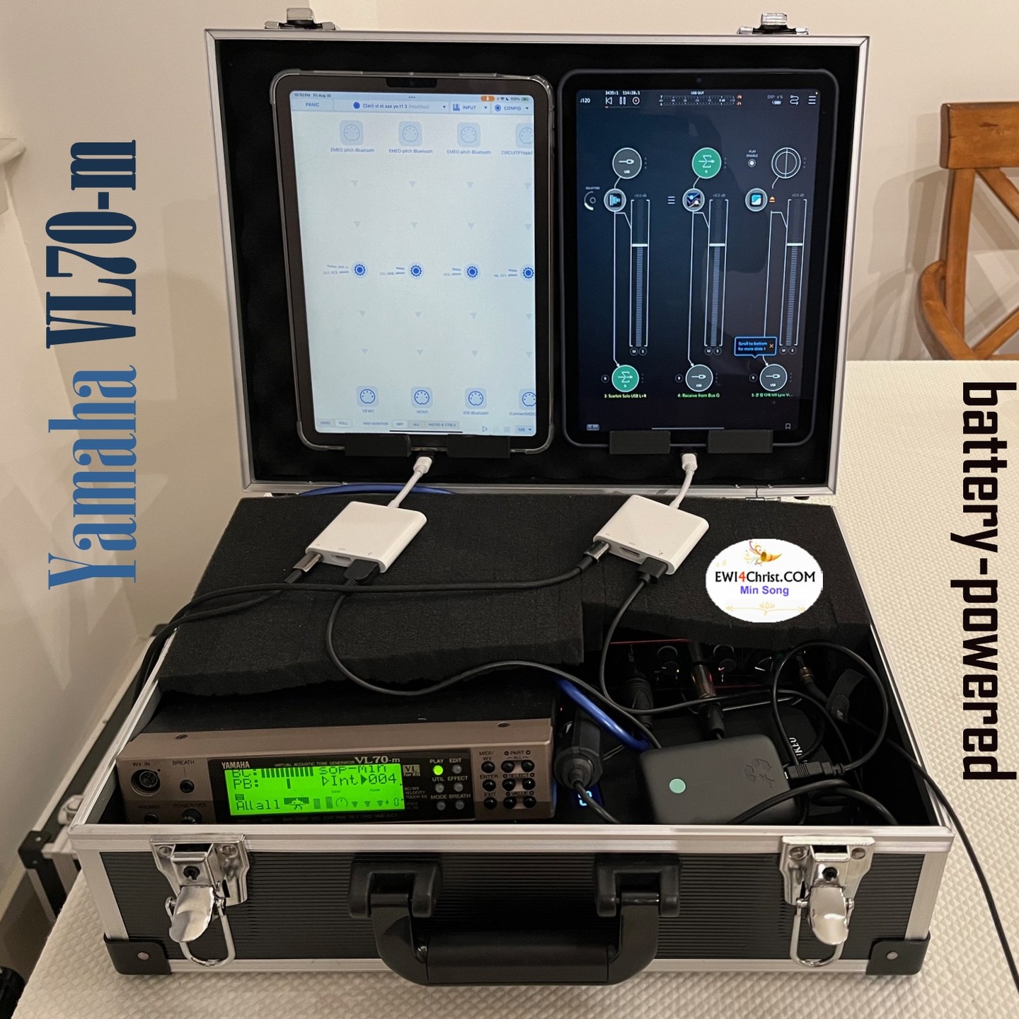 Yamaha VL-70m performance set - battery-powered.
- Two iPAD air : one for midi programming, another one for sound processing
- Focusrite Scarlett Solo audio interface
- iconnectivity midi 2 midi interface
#ewi #windcontroller