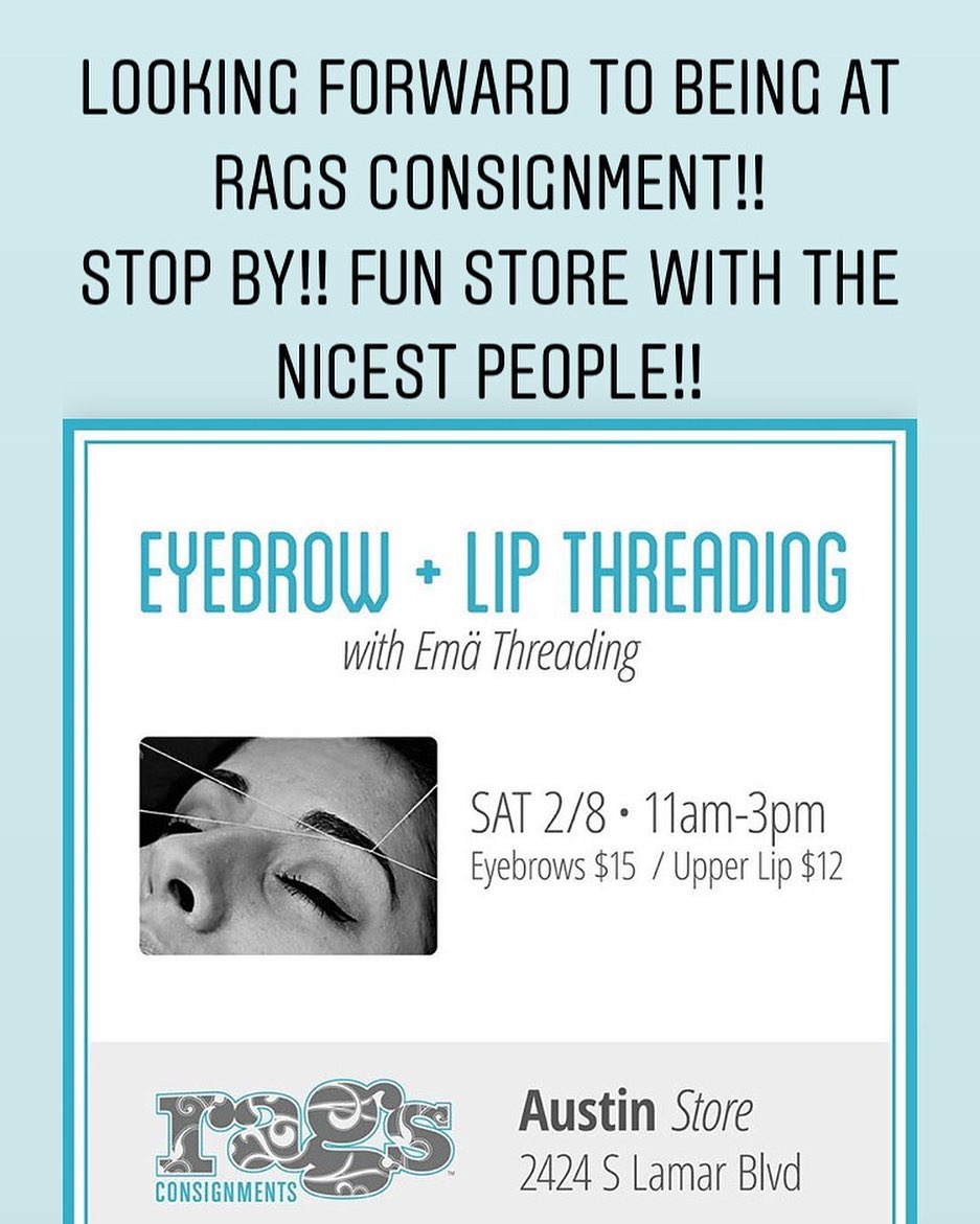 Shop and get your eyebrows or upper lip done on Saturday Feb 8th 11 to 3 @iloverags #austin.
@iloverags is a great store to shop beautiful consignment items.
#eyebrowthreading #austin #austinfashion #austinselfcare #collaboration #womensupportingwomen #womenownedbusinesses #austinconsignment #austinvintage #austinbrows
