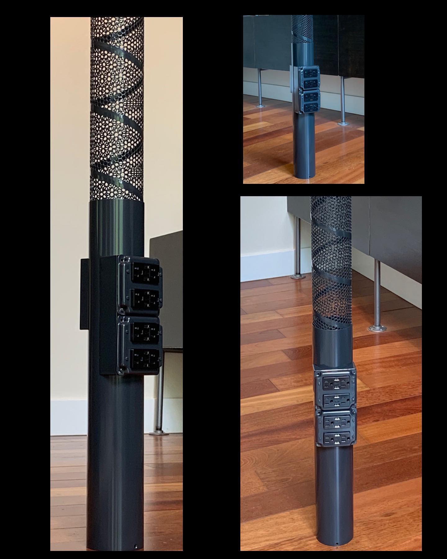 Custom Power/ Data Pole in black gray w/ matching SRM cover plate. #openoffice #officedesign #workstation #officepower #deskspace #powerdata #officeinteriors