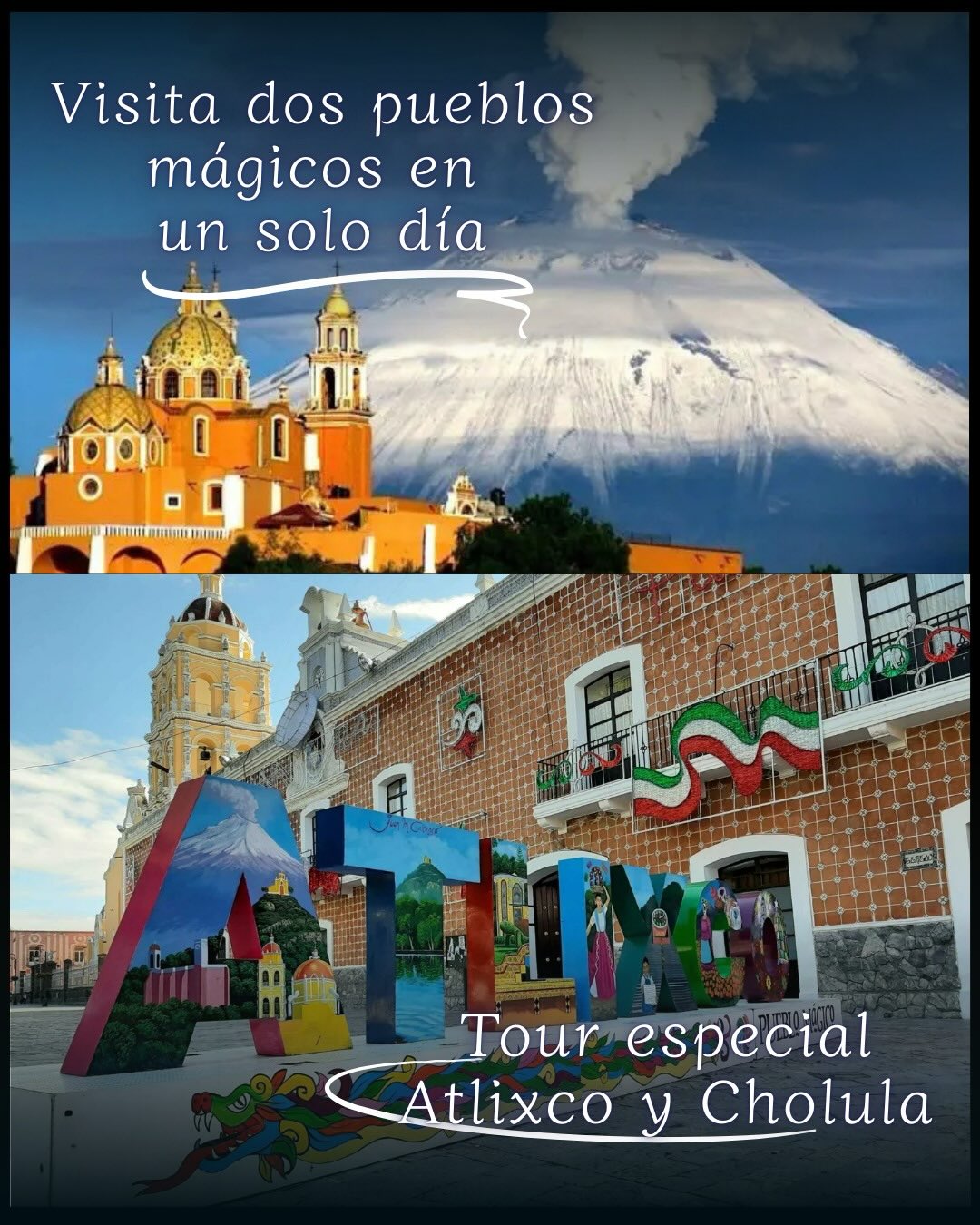 Cholula & Atlixco
Disfruta este tour especial donde conocerás estos hermosos pueblos mágicos en Puebla, nosotros tenemos todo listo para que la pases increíble
Reservaciones al WhatsApp 222 520 9926
#puebla #cholula #atlixco