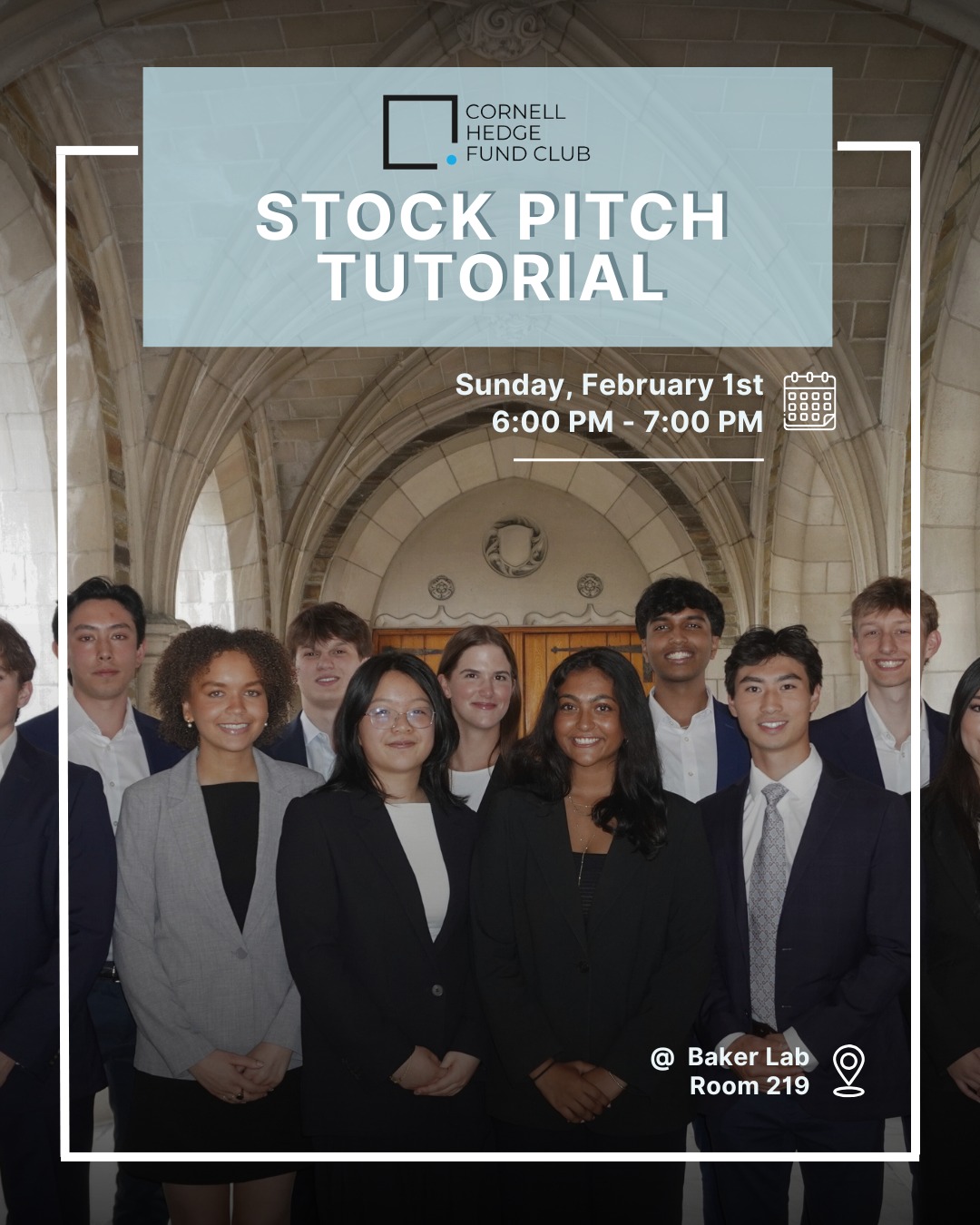 Come join us at our Stock Pitch Tutorial event TODAY from 6:00 PM - 7:00 PM in Baker Lab 219!
--
This event will cover the essentials of stock pitching, a key part of our interview process. You’ll also have the opportunity to ask questions about the stock pitch and connect with our members. We look forward to seeing you there!