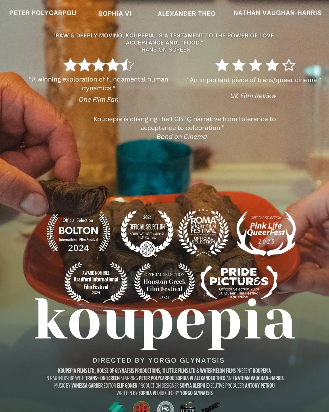 And 2024 comes to an end for #koupepia filled with screenings and festival selections/nominations in UK, Europe, US and great reviews from film critics around the world. We are so grateful for the warm reception for our little film and our message of love, acceptance and celebration š³ļøāā§ļøš³ļøāššā¤
2025 is coming and more screenings will be announced and the online release...
Stay tuned and share some light into the world š
" Koupepia is changing the LGBTQ narrative from tolerance to acceptance to celebration " @bondoncinema
Koupepia, a story about love, acceptance and... food š³ļøāā§ļøš³ļøāšš¬š§šØš¾
Starring: @peter_polycarpou , @sxphia_vi, @alexandertheo, @nathvh1
Written by @sxphia_vi
Directed by @yorgo_glynatsis
Produced by antony_petrou_film_director @sxphia_vi @yorgo_glynatsis
Production company: @koupepiafilms @houseofglynatsis @11littlefilms @water_melon_films
Production manager @tane.Stevens
Production assistant @maria_busz
Trans on Screen Supervisor @username_alice.fr
1st AD @lyricbusk
2nd AD @ruby_phelan
Director of photography @nsafronova
1st Assistant camera @kristiana_zhekova
2nd Assistant camera @thejessicabainbridgeinsta
Art Director @bleiph
Art Assistant @nnaccant
Art Trainee @kaaattii
Costume designer @miamaxwell
DIT @elifgonen
Gaffer @neaspringer
Spark @fuxiao_1999
Sound Recordist @waverleyhudsonsound
Hair & Make Up @_katie_sfx
BTS Photographer @lexmelony
BTS Photographer @naomiomokhua
Editor @elifgonen
Sound Designer @sistagrl16
Music Composer @sistagrl16
Colourist @alexo.colour at @okaystudio
Assistant Colourist fraserstephen_ at @okaystudio
Post Production consultant @thekyriakosgeorgiou
Catering Jerk and Juice
Casting by @matilda_james
Featured artists: @santibabi, @miketelevantos @its.adrianrambla @arnaldostafa @queerbrownandmenopausal @well.zane @flashlingmope @michela_di_felice @tally_campbell
Featured art work by @rachaellhouse
Partners: @koupeslondon @transonscreen
Equipment provided by @11littlefilms and @weareshift4
BTS picture by @lexmelony & @naomiomokhua
#shortfilm #LGBT #LGBTshortfilm #cypriotshortfilm#koupepia