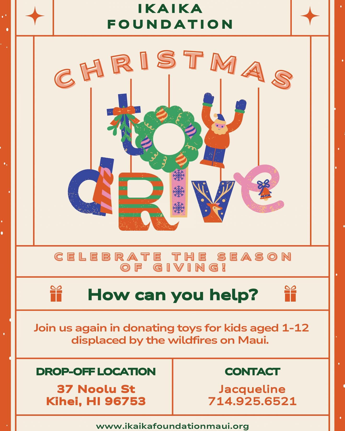 It’s that time again! ❤️💚🎄🎅🏼🧑🎄
Please join us again this year in our Christmas toy drive for our displaced ohana on Maui. We will be collecting toys for ages 1-12, boys & girls. Check out our Amazon wishlist linked in our bio for ideas or to purchase toys directly.
We are also accepting donations that will be put towards purchasing toys for this holiday season. Our island is still healing and the need is still very much present. Last year our efforts were so meaningful and special to our Lahaina community and we would love to provide that support again! Looking forward to those smiles this year! Mahalo!