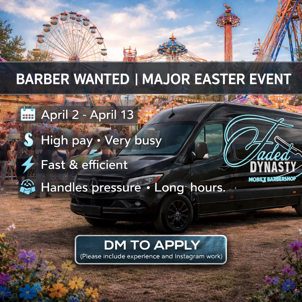 🚨MAJOR EVENT LOADING…..🚨
Looking for a fast and experienced barber to help us out.
Long hours and big days but a hell of an experience 🙂↕️
Dm to apply gang
#eastershow2026 #mobilebarbershop #sydney #faded