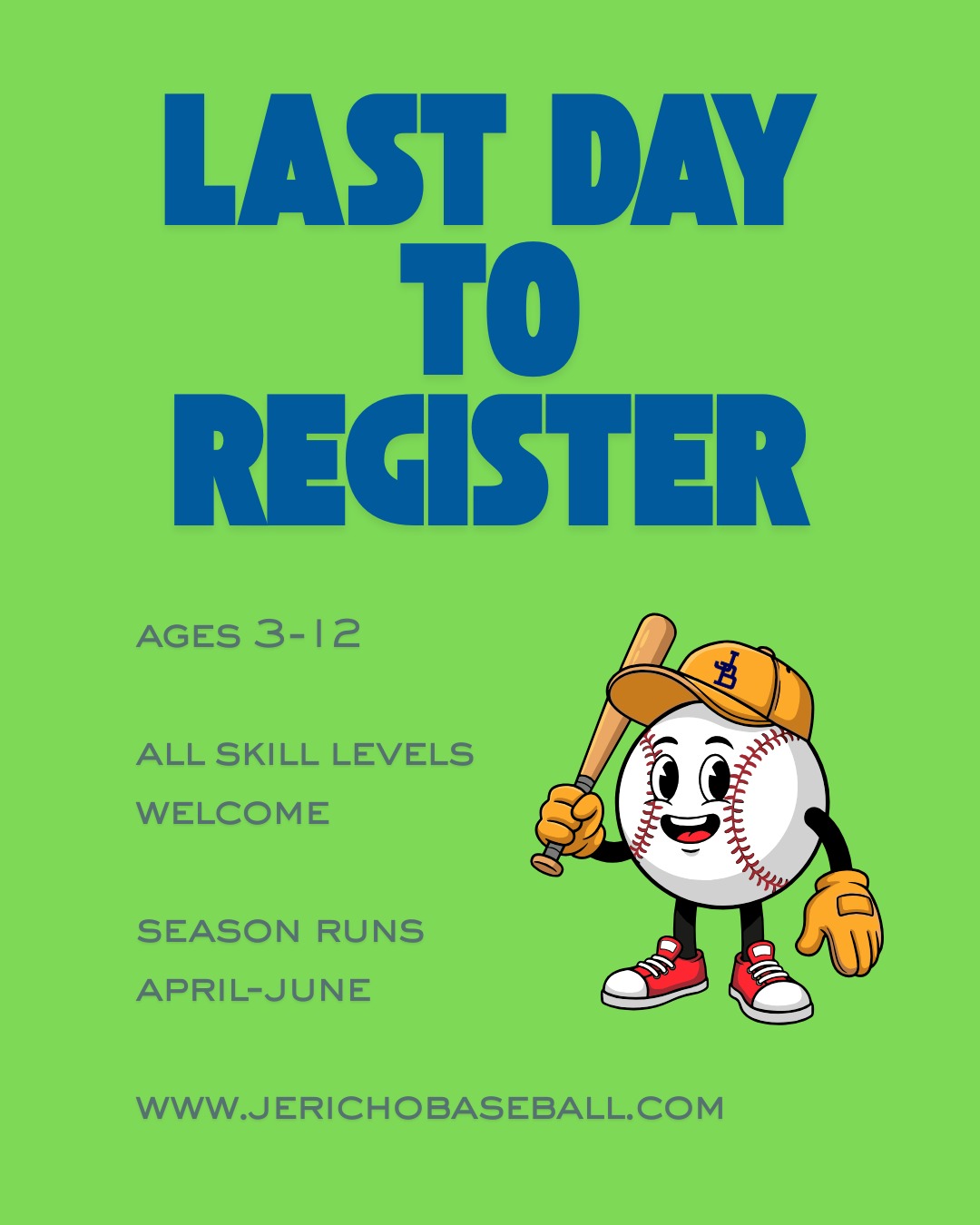 TODAY (Feb 1, 2026) is the last day to register for the 2026 spring season! https://registration.teamsnap.com/form/40339
Visit www.jerichobaseball.com for more details.
