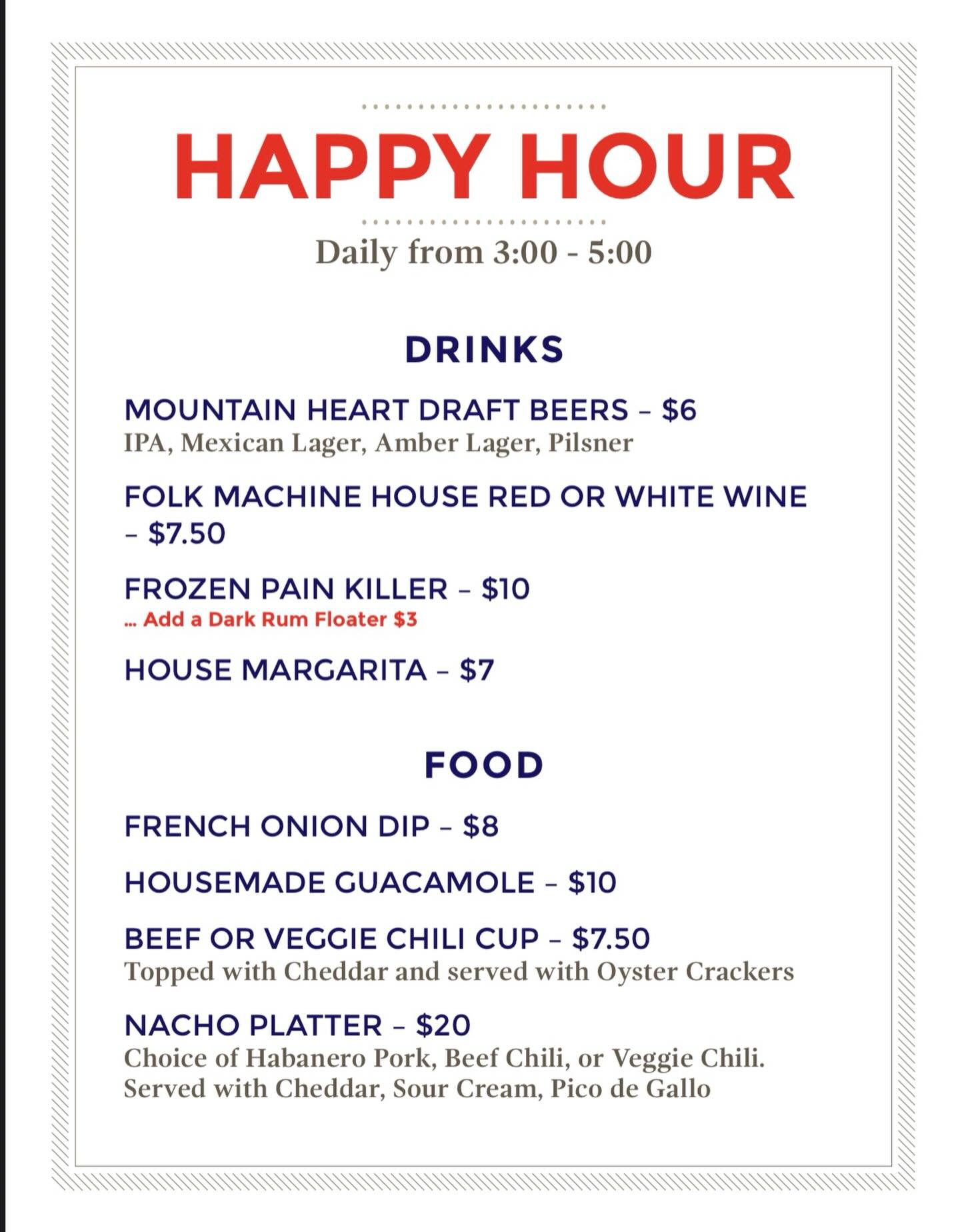 Happy Hour at The Stew Pot.
Every day, 3–5pm.
$6 Mountain Heart drafts
$7.50 house wine
$7 margaritas
$10 frozen Pain Killers (dark rum floater if you know what you’re doing)
French onion dip, guac, chili cups, and a nacho platter big enough to share (or not).
Ski in, hang out, say hi to Dan. #HappyHour #DrinkLocal #EatLocal
