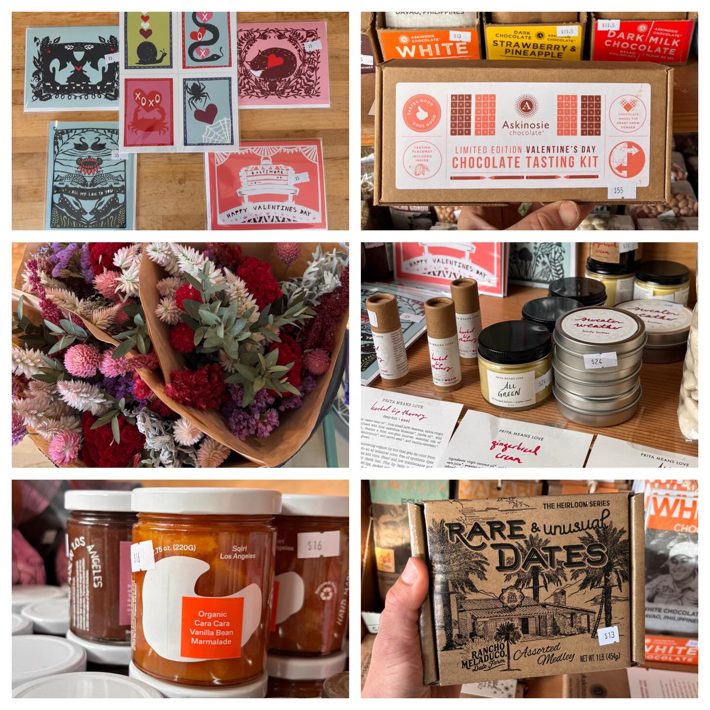 We have so many good Valentine's Day gift ideas at the bakery! 🌾💌Clockwise from top left: @anniehowepapercuts Valentine cards including old school punch out style; @askinosie chocolates and special Valentine's tasting kits; @priyameanslovebodycare lotions, body butters, and lip balms; @rancho_meladuco_date_farm dates; @sqirlla jams (to go with heart shaped baguettes! coming next week!); and @lancasterfarmfresh Everlasting Bouquets💜♥️🩷🤍
