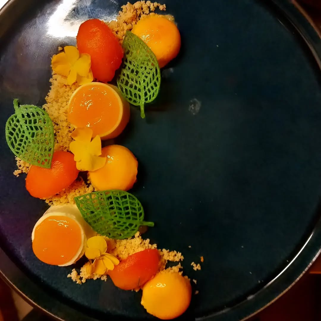 Mon dessert sur assiette au restaurant.
Crème brûlées, mousse au romarin, confit d'abricots, abricots au sirop de romarin, fleurs comestible, biscuits.@desserts @restaurant @assiettes.