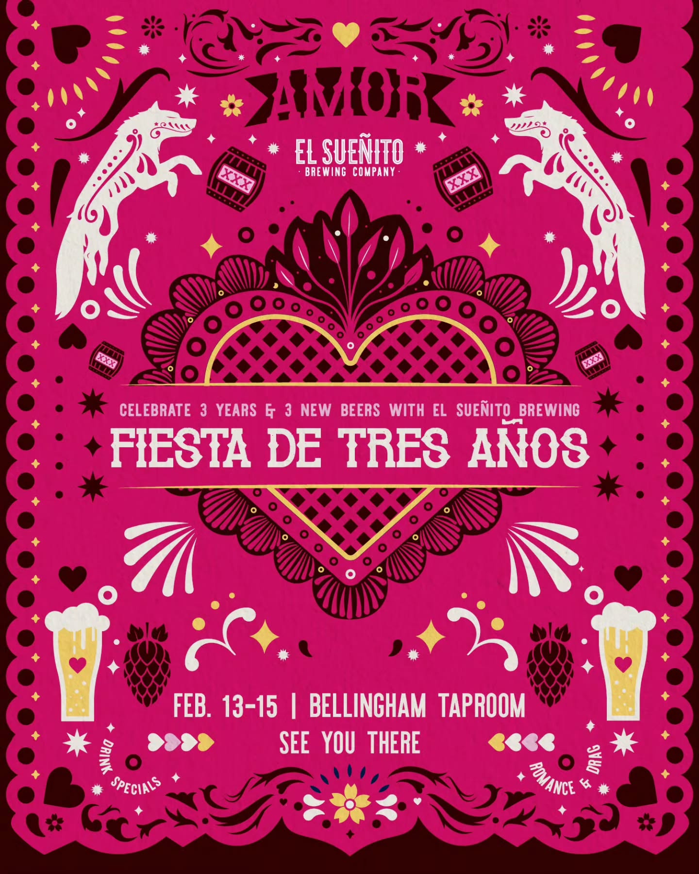 3️⃣🥳🍻🎉🧡 El Sueñito is turning THREE! Can you believe?! We have a weekend full of fun stuff going on, so join us and celebrate three incredible years in Sunnyland.
February 13-15th 💘
Peep our events page for the full list of weekend happenings in Bellingham and swipe to see our killer drag brunch cast!! Seattle, we didn't forget about you. Keep swiping. 😉