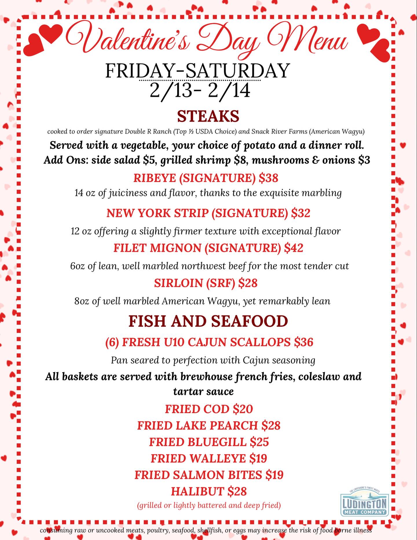 ๐๐๐๐ฅ๐๐ง๐ญ๐ข๐ง๐โ๐ฌ ๐๐๐ง๐ฎ๐
Available BOTH Friday 2/13 and Saturday 2/14
๐Fish fry starting at 11am
๐ฅฉSteaks starting at 3pm
Regular menu items will also be available!