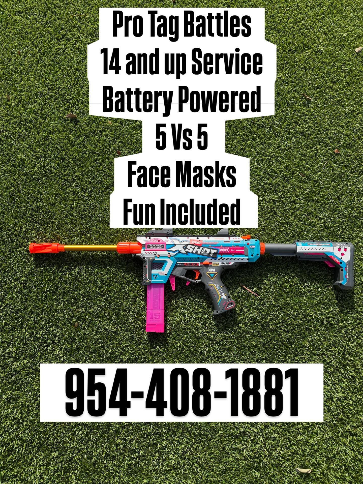 Call or Text 954-408-1881. Pro Tag Battles! 14 and up service. Face masks provided. Foam darts that go the distance for max fun, super accurate. Battery powered bolt action. You’ll never want the party to end. Inflatables included with attendant. #birthday #teenparty #southflorda #nerfparty #nerf