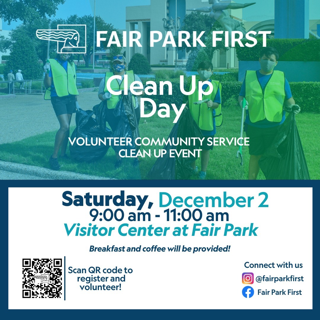 Join us for a Community Clean-Up Day at Fair Park on December 2 from 9 am to 11 am. Sign up to volunteer and be a part of beautifying our shared space. Enjoy breakfast and coffee on us! 🌳🍂
Let's come together, make a positive impact, and create a cleaner, greener Fair Park. 🙌
Sign up LINK IN BIO or Scan QR!