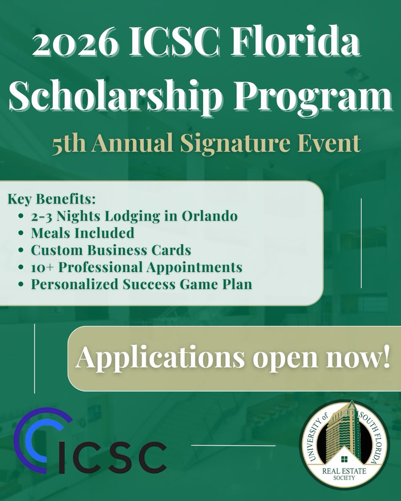 Registration is now open for the signature ICSC Florida Scholarship Program! This popular program is entering its fifth year and offers an incredible opportunity for students to excel in the industry.
The scholarship includes lodging for two to three nights for students outside of Orlando along with meals and business cards. Recipients will receive a game plan for success and at least ten appointments with professionals at the Florida Conference.
This is an unmatched chance to build your network and learn from experts.
You can also join the upcoming Master Classes for this quarter. On February 18 you can learn how Al is used across all facets of commercial real estate with Luis Ramos from Woolbright Development. On March 18 Hue Chen from Saglo Development will host a session on Real Estate Fund Structure and waterfall structures.
Apply for the scholarship today through the link under scholarships in our Linktree in our bio. We look forward to seeing the Real Estate Society represented. Go Bulls!
#realestate #commercialrealestate #usf #realestatesociety #resusf