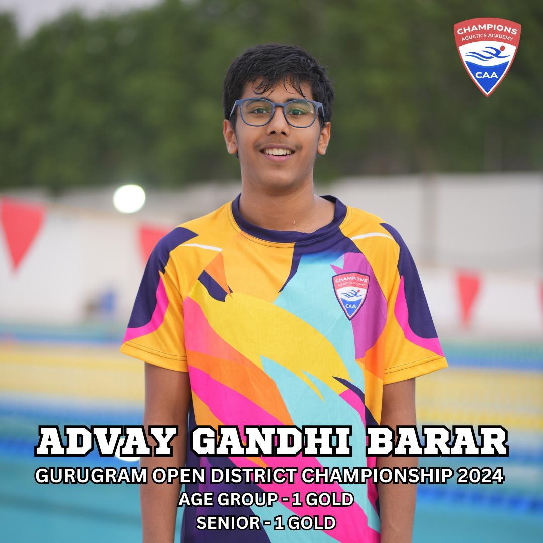 Advay Gandhi Barar - Double Gold Winner!
We are thrilled to celebrate Advay Gandhi Barar's incredible performance at the Gurugram Open District Championship 2024:
Age Group: 1 Gold
Senior Category: 1 Gold
Keep pushing boundaries, and we’re excited to see you grow as a promising swimmer!!
#AdvayGandhiBarar #ChampionsAquaticsAcademy #GoldMedalist #SwimmingChampion #GurugramDistrictChampion #ProudMoment #FutureChampion #SwimStrong #Inspiration #AthleteSpotlight
