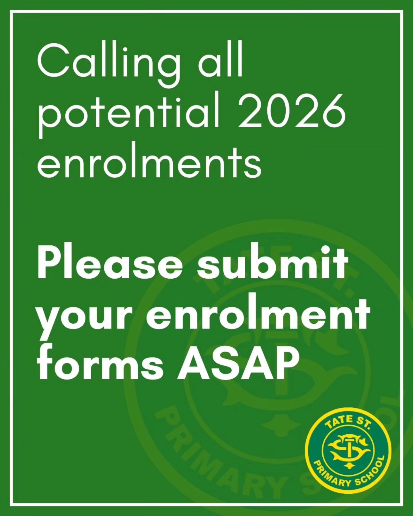 We are calling all families, in or out of zone, who are planning on applying to Tate Street PS for Prep 2026 enrolment to return their enrolment forms as soon as possible. We are in the process of formulating class structures for 2026 now and, having toured almost 50 families already this year, it looks like we will have two Prep classes. If you have any questions about enrolment, please contact Jane in the office.