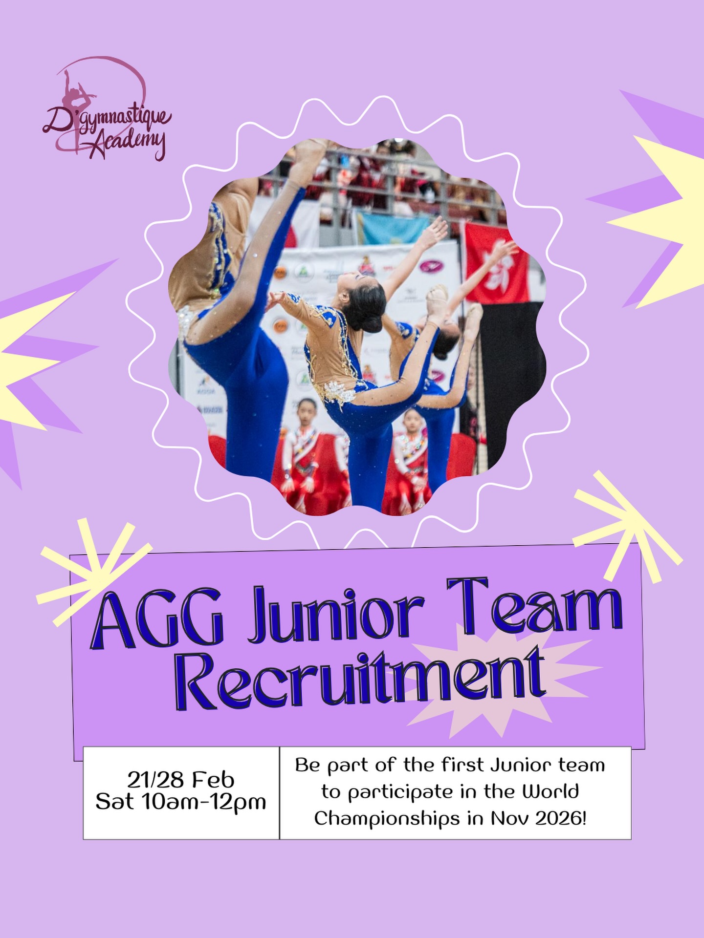 โจ AGG Junior Team Recruitment | World Championships 2026 โจ
We are recruiting gymnasts for our AGG Junior Team to compete at the AGG World Championships 2026!
๐ Osaka, Japan
๐ 24โ27 November 2026
๐ธ๐ฌ Our Senior AGG Team will also be representing Singapore at the World Championships โ and we are now building our Junior pathway team to join the international stage.
๐คธโโ๏ธ Junior Team Eligibility (Age in 2026):
โข 13โ17 years old
โข Gymnastics / dance background preferred
โข Strong commitment to team training required
๐ Trials:
๐
21 Feb 2026 or 28 Feb 2026 (Attend one session only)
โฐ 10:00am โ 12:00pm
๐ Training Commitment:
โข Saturdays 10:00am โ 1:00pm
โข One additional weekday training
๐ฒ Register your interest by 15 Feb 2026:
๐ tinyurl.com/DGA-AGG-Junior
Shortlisted gymnasts will be contacted after the trial.
Join us and be part of DGAโs international AGG journey ๐ฏ๐ตโจ