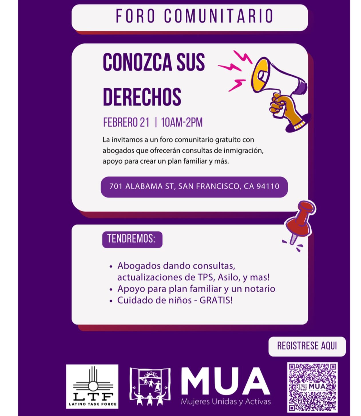 Están invitados para este taller de Conozca Sus Derechos con nuestros socios de la organización Mujeres Unidas y Activas (MUA).
Por favor te compartí con sus familias, sus vecinos, o a alguien que pueda beneficiar de esta información!
Ahí nos vemos! 🗣️🪧
#conozcasusderechos #comunidad