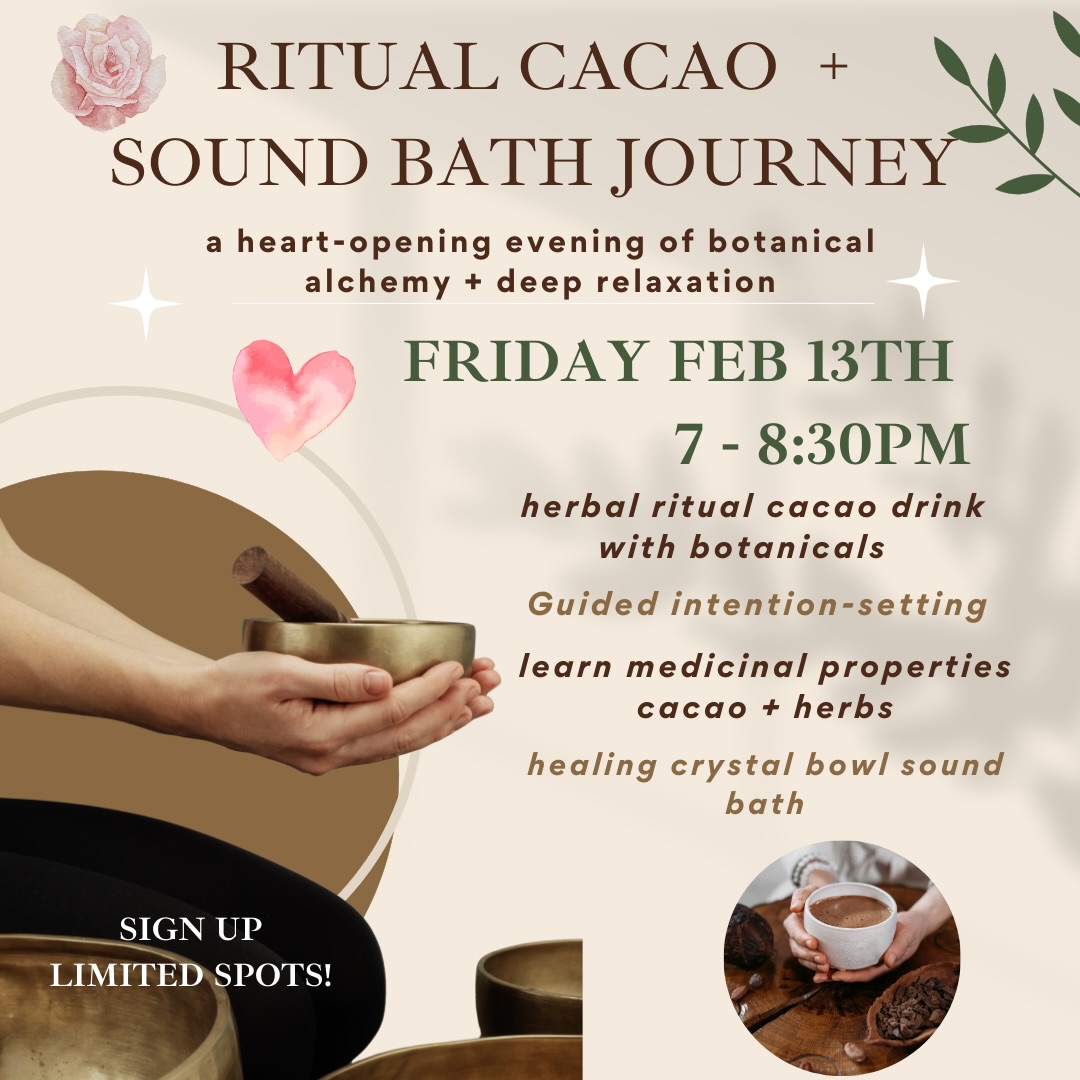 Join us this Friday evening for a quiet, heart-opening evening sipping ritual cacao, setting intentions inspired by the new moon, and relaxing in an immersive sound bath.
☕️Learn about the medicinal benefits of cacao + other pairing botanicals, while relaxing and enjoying the healing powers of crystal singing bowls. 🧘
Seats are limited so sign-up on our website. Bring yoga mats for extra comfort - yoga blankets provided. 🕯️
Celebrate love and self-care this Valentine’s day weekend. 🕯️💕
.
.
#love #valentinesday #soundbath #ritualcacao #georgetowndc