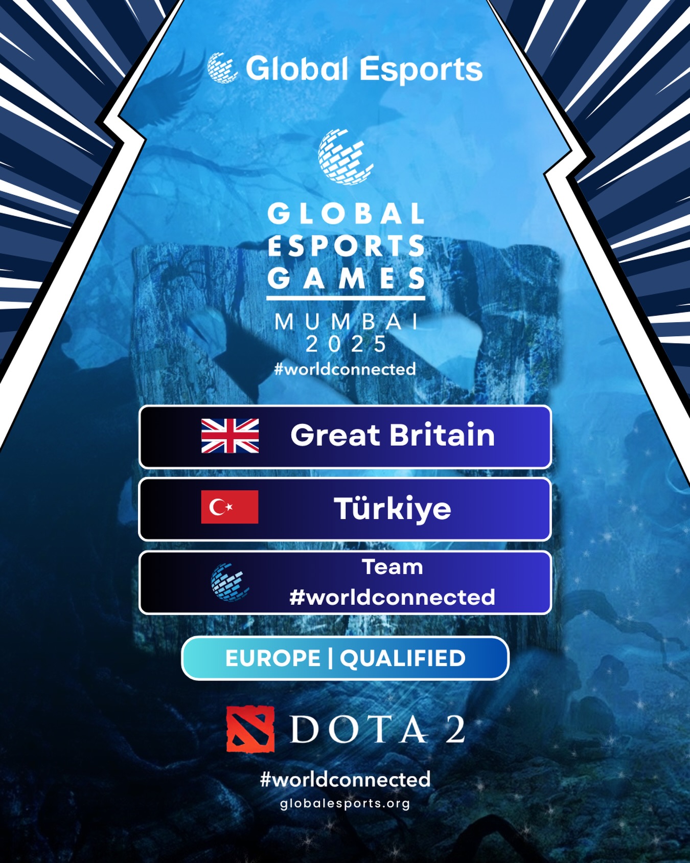Europe takes the Dota 2 stage 🌍
Congratulations to Great Britain 🇬🇧, Türkiye 🇹🇷, and Team #worldconnected 🌐 on qualifying for Dota 2 at the Mumbai 2025 Global Esports Games World Finals. 🇮🇳🎮
Three teams. One region. One global esports community.
#worldconnected #GEG25 #GlobalEsportsGames #Dota2