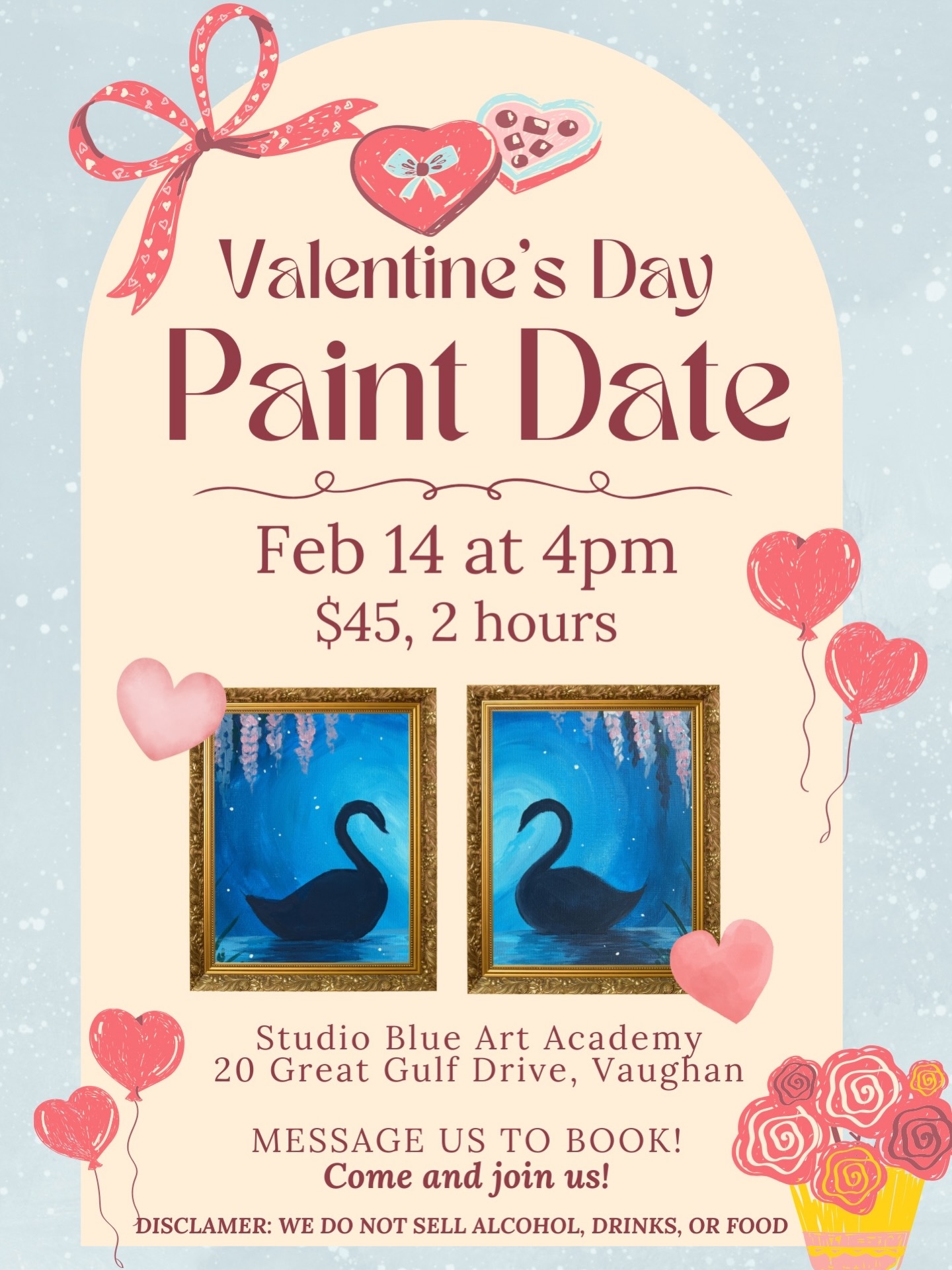 Soft music, cozy vibes, and painting with someone you love 🌹🎨
Spend Valentine’s Day creating something meaningful together.
📅 Feb 14 | 4 PM
💲 $45 per person| 2-hour guided session
Message us to book 💕