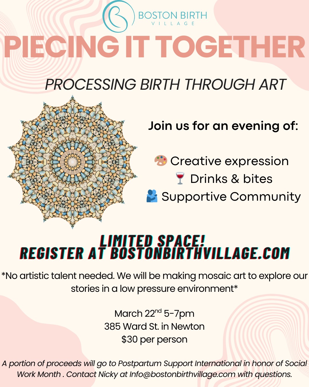 To all the moms who never had a chance to process and honor their birth stories- this event is for you! 🎨
We're hosting 'Piecing It Together,' a mosaic art workshop to craft and reflect on your unique birthing journeys. This isn't just art; it's an opportunity to visualize your strength, process your experience, and connect with a supportive community💜
Come connect with other moms, enjoy some wine & cheese, and transform your reflections into a beautiful, tangible work of art. In doing so, you’ll also be supporting other moms as a portion of proceeds from the event will go to Postpartum Support International.
Space is limited so reserve your spot now at bostonbirthvillage.com!