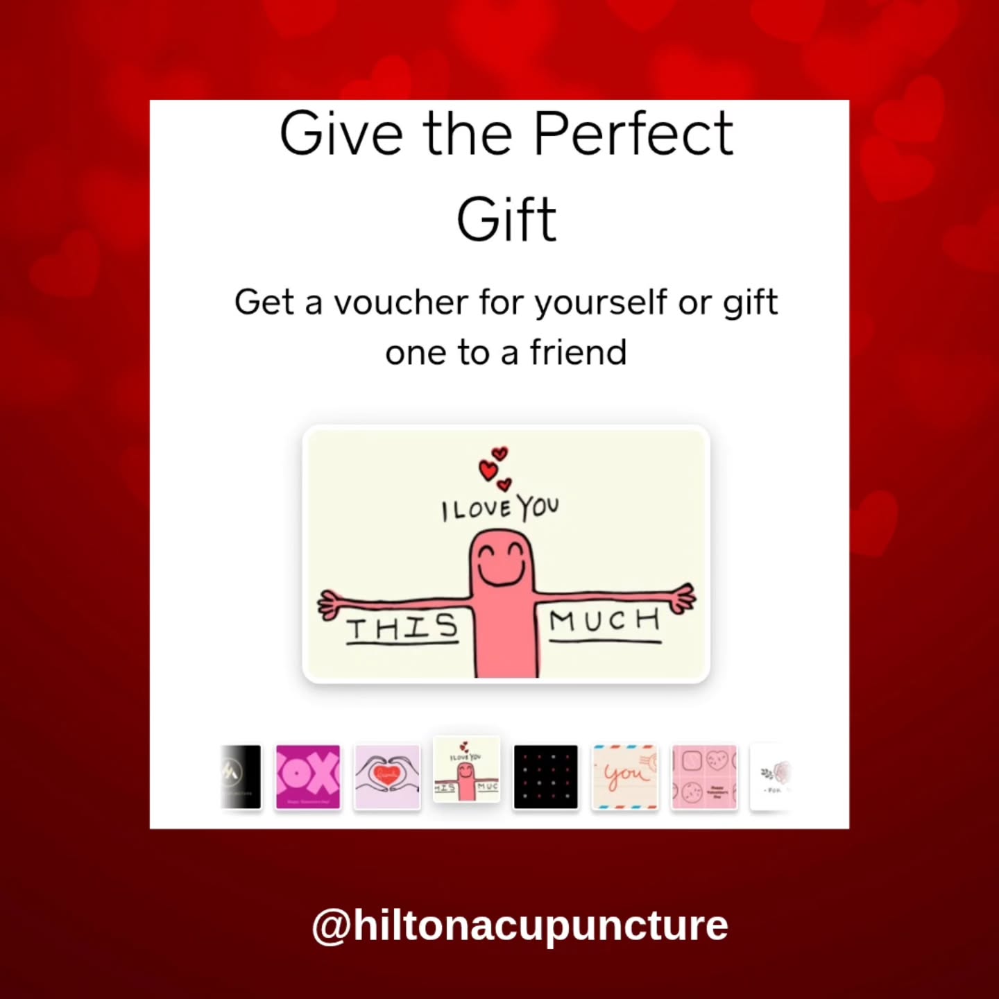 Valentine's Day is almost here. ♥️ What better way to show someone you care than by taking an interest in their health and wellbeing? ☺️
Hilton Acupuncture eGift Cards make great Valentine's Day gifts and can be purchased in any dollar amount. Multiple designs to choose from.
Follow the link in the bio to purchase an eGift Card now! 💌
#hiltonacupuncture #acupuncture #TCM #acupunctureworks #valentinesday