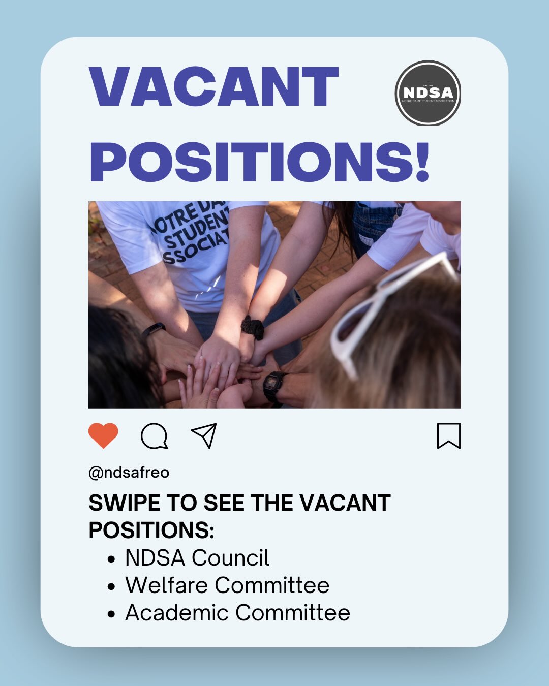 Welcome back everyone! We have a wide range of vacant positions on the NDSA council, Welfare Committee, Academic Committee and Clubs ⭐️ Apply Now!
Link in bio