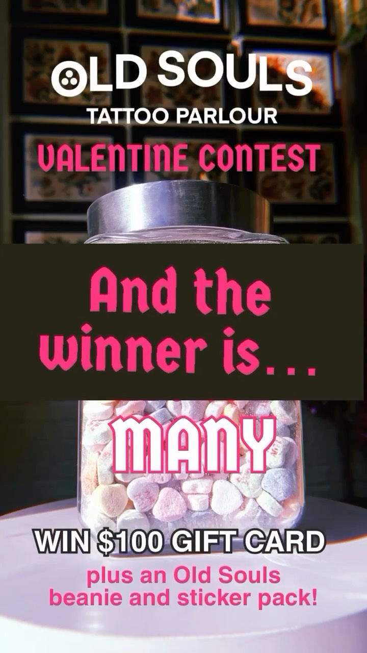 Congrats to Olivia H. for having the closest guess in our Valentine contest! There were 820 hearts in the jar and the winning guess was 817.
(Olivia, please check your e-mail to arrange getting your prize)
A big thanks to everyone who played along—let us know if you’d like more contests in the future!
#oldsoulstattooparlour #oldsoulskansascity #kansascitytattoos #contest #columbusparkkc