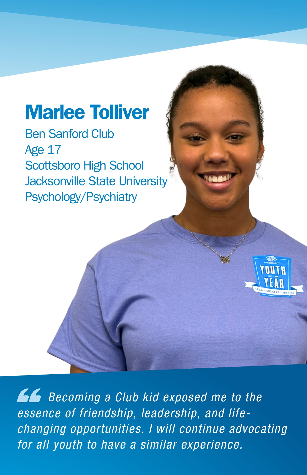 Marlee Tolliver is representing the Ben Sanford Club in Youth of the Year—growing as a leader and preparing for her future.
North Alabama Needs Club Kids. Good luck, Marlee.