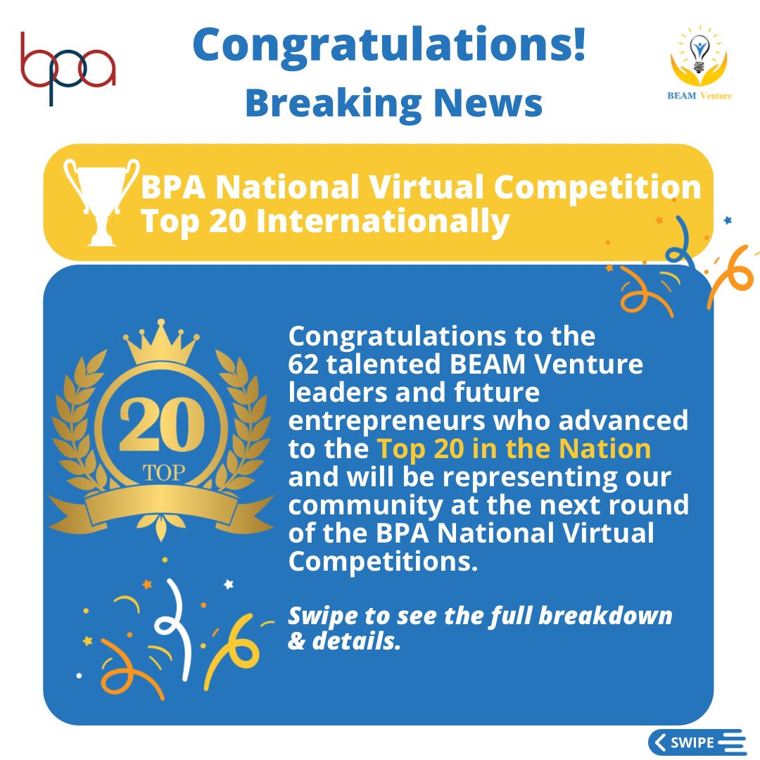 Alhamdulillah, we are incredibly proud to congratulate and share our students’ results from our BEAM Venture Texas Chapters at the Business Professionals of America National Virtual Competitions.
This year marks a historic moment for BEAM Venture — 62 students advanced to the Top 20 nationally across individual and team events, competing with students from across the United States and internationally, including South Korea, Canada, and Japan.
This milestone reflects something bigger than competition results. It reflects the environment we are building together — where students are supported by parents, mentors, masajid, and, business community who believe in their growth and potential.
We are proud of every student who participated. Growth does not stop with one result — it continues with every attempt, every lesson learned, and every time a student chooses to try again. The journey continues, and the best is yet to come, insha’Allah.
May Allah (SWT) continue to guide and bless our students as they prepare for the next round.