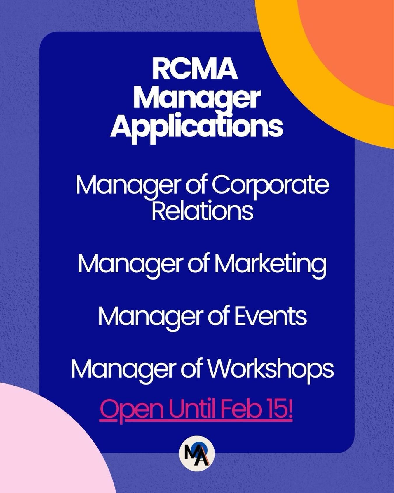 Applications for RCMA Manager positions are live now!!!
Apply on the RC portal by Feb 15th! 🚨