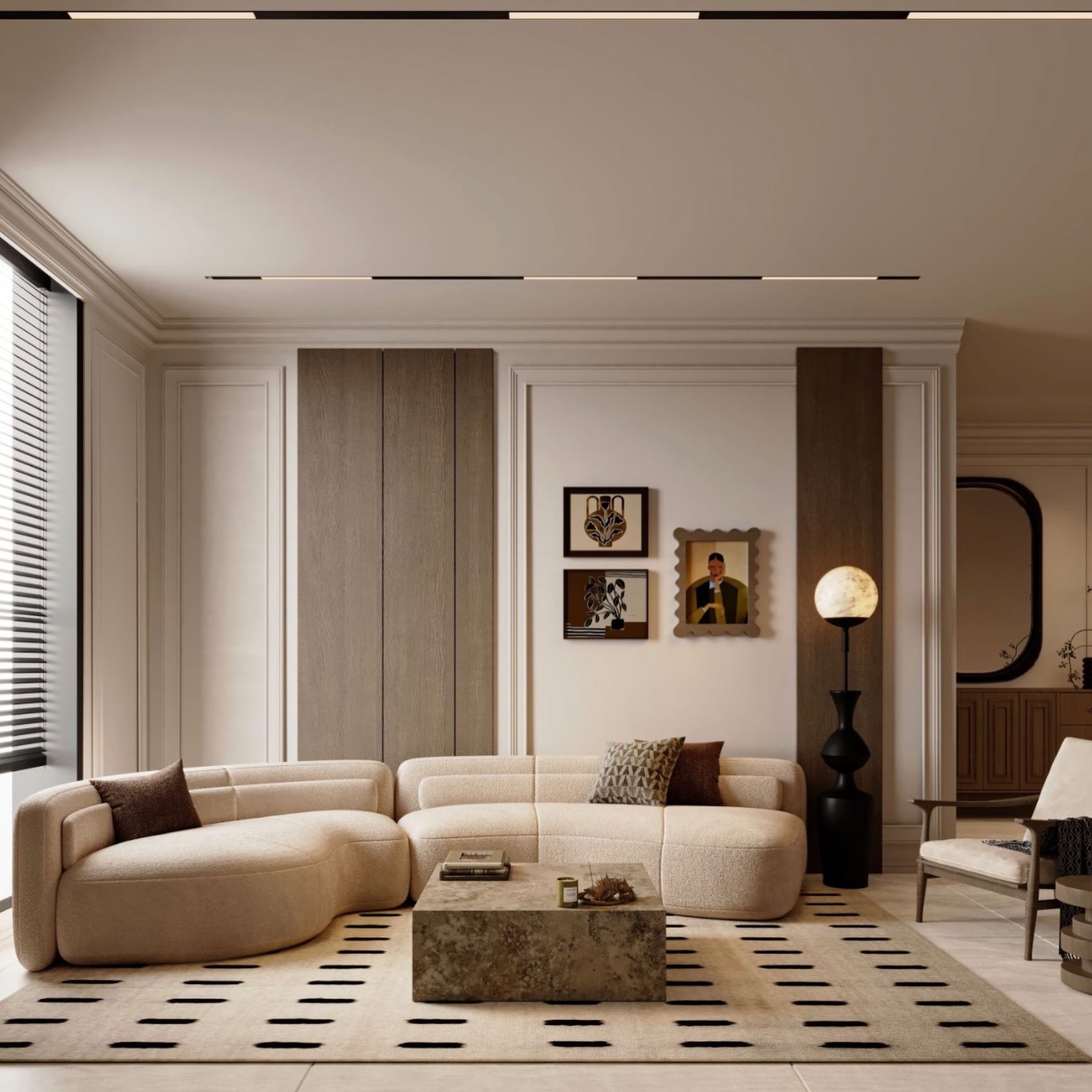 Some 70’s stylish furnitures combine with 2026 materials and colours palettes resulting in an harmonious warm space.
-
-
#interior #design #furniture #style #2026