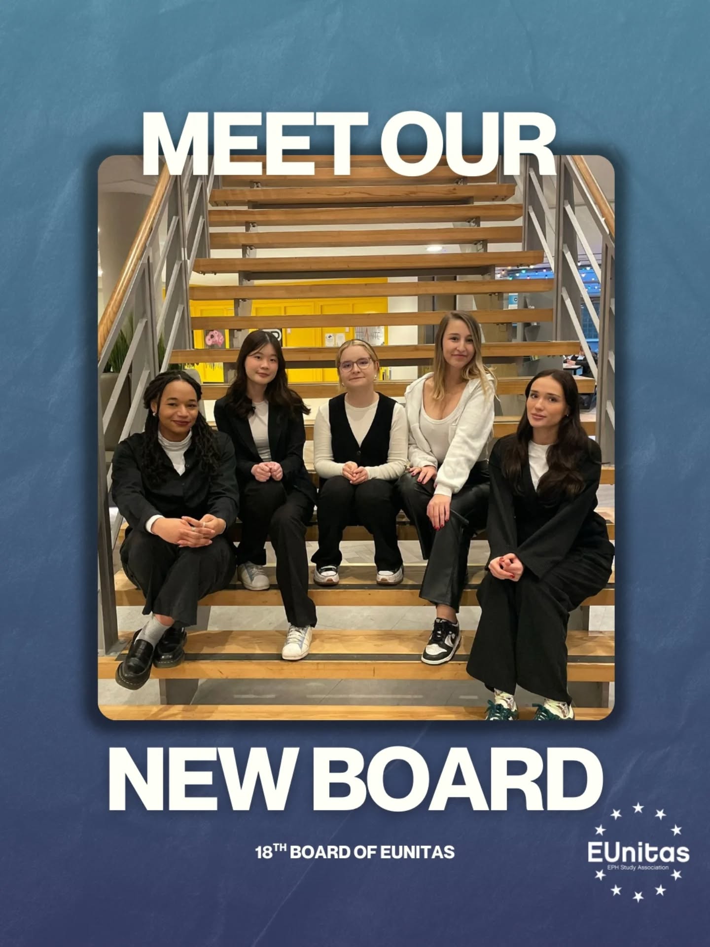 We present you......The XVIII Board of EUnitas Study Association!! 🎉
The roles for our board are:
Emma = President and Head of Public Relations
Valentina = Vice President and Head of Education
Develyn = Secretary
Lilien = Treasurer and Head of Community Networking
Noemie = Head of Events
We are absolutely pumped to give this year our best shot and make it the best year possible for our members!! 💪💪