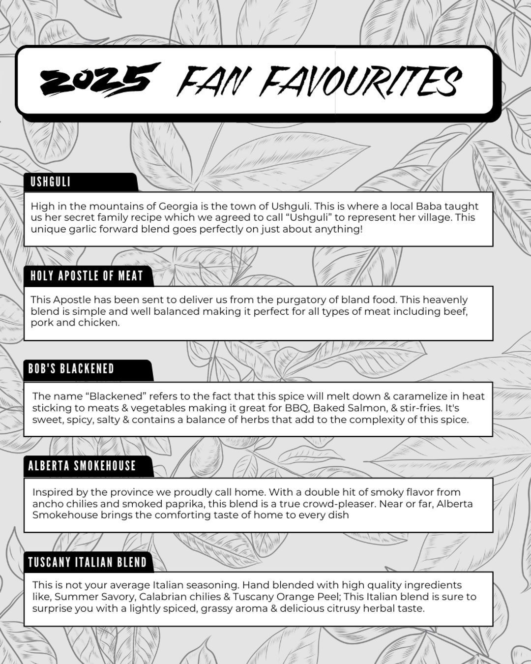 ๐ง๐ต๐ฒ ๐ฎ๐ฌ๐ฎ๐ฑ ๐ณ๐ฎ๐ป ๐ณ๐ฎ๐๐ผ๐๐ฟ๐ถ๐๐ฒ๐ ๐ธ๐ถ๐ ๐ต๐ฎ๐ ๐ฎ๐ฟ๐ฟ๐ถ๐๐ฒ๐ฑ! This kit includes: Ushguli, Holy Apostle of Meat, Bob's Blackened, Alberta Smokehouse & Tuscany Italian Blend for $64.99