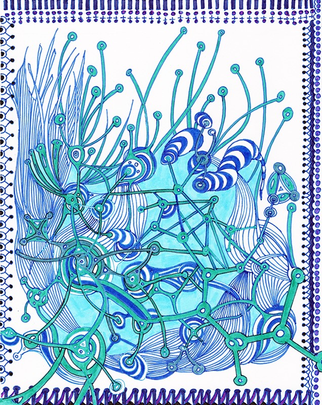 “Valentine’s Blues” — revived a partially done ink drawing on a 9x12 piece of smooth Bristol. The name emerged from a conversation in which two of us were planning a “date” that happens to fall on Valentine’s, a day neither of us cares to acknowledge, let alone celebrate. So, it will be an anti-Valentine’s Valentine’s Day “date.” The mental gymnastics we have engaged in to avoid calling it an actual Valentine’s date crack me up, but that’s my story and I’m sticking to it. It’s also fitting that my partner in crime just did her nails in blue, a subversive anti-Valentine’s move 🤣In any case, February 14 is going to be a wonderful day.