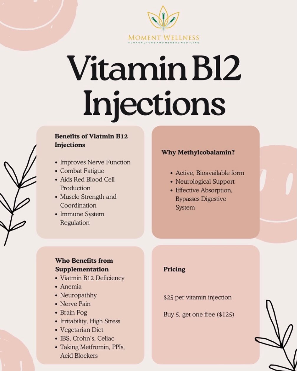 Recharge, restore, and feel your best 💧✨ At Moment Wellness Acupuncture & Herbal Medicine, we offer B12 and nutrient injections to support energy, metabolism, immunity, and overall wellness—so you can keep showing up fully for your life.
💉 B12 Injections may help:
• Boost natural energy
• Support mood & mental clarity
• Improve metabolism
• Aid nervous system health
• Support red blood cell production
We also offer custom nutrient injections tailored to your body’s needs—perfect for recovery, stress support, immune health, and vitality.
Curious if nutrient therapy is right for you? Book a consultation or add it to your acupuncture visit.
📍 Moment Wellness Acupuncture & Herbal Medicine
🌿 Personalized, integrative care for whole-body wellness
#MomentWellness #Acupuncture #HerbalMedicine #B12Shots #VitaminInjections #NutrientTherapy #EnergyBoost #WellnessClinic #HolisticHealth #IntegrativeMedicine #ImmuneSupport #NaturalHealing #ColoradoWellness #AcupunctureWorks