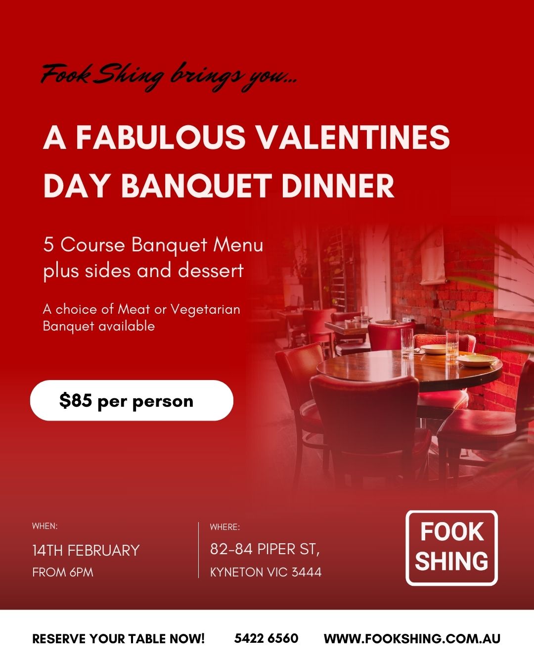 Valentine's Day is around the corner. On Saturday, 14th February, from 6.00pm, we're offering a 5-course banquet with sides and dessert for $85 per person.
A vegetarian menu is available (Lunch service will continue as usual).
Book your table to be part of this special evening.
.
.
.
.
.
.
#kyneton #piperstreet #piperstreetkyneton #macedonranges #daylesfordmacedonranges #macedonrangesnaturallycool #visitvictoria #tourismvictoria #fookshing #fookshingkyneton #victorianwine #melbournefoodie #macedonrangesfood