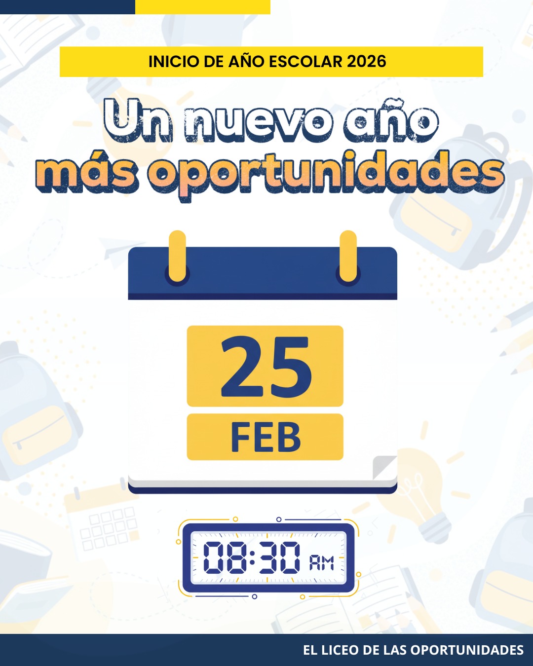 Un nuevo año comienza y con él, nuevas oportunidades para aprender, crecer y construir futuro juntos 💙⚙️
En el Liceo Industrial de Recoleta ya estamos preparados para iniciar el Año Escolar 2026, reafirmando nuestro compromiso con una formación técnico-profesional de excelencia, una convivencia escolar basada en el respeto y un acompañamiento permanente a nuestras y nuestros estudiantes.
📅 Inicio de clases: miércoles 25 de febrero
⏰ Hora de ingreso: 08:30 hrs
🚪 Apertura de puertas: desde las 08:00 hrs
🔎 Antes de comenzar, te invitamos a:
✔️ Revisar nuestro Proyecto Educativo Institucional (PEI)
✔️ Conocer el Reglamento Interno de Convivencia Escolar (RICE)
✔️ Descargar la app Kimche Familia para seguir la información académica en tiempo real
📩 Importante:
Esta misma información, con enlaces y mayores detalles, fue enviada al correo electrónico de cada apoderado(a).
ℹ️ Si no hemos respondido aún sus mensajes, les pedimos disculpas. Actualmente nos encontramos en período de vacaciones.
👉 Retomaremos la atención en redes sociales el lunes 23 de febrero.
📧 Por ahora, las consultas se reciben únicamente vía correo electrónico:
info@industrialderecoleta.cl
¡Les deseamos un excelente inicio de año a toda nuestra comunidad educativa!
Liceo Industrial de Recoleta
El liceo de las oportunidades
🔵🟡