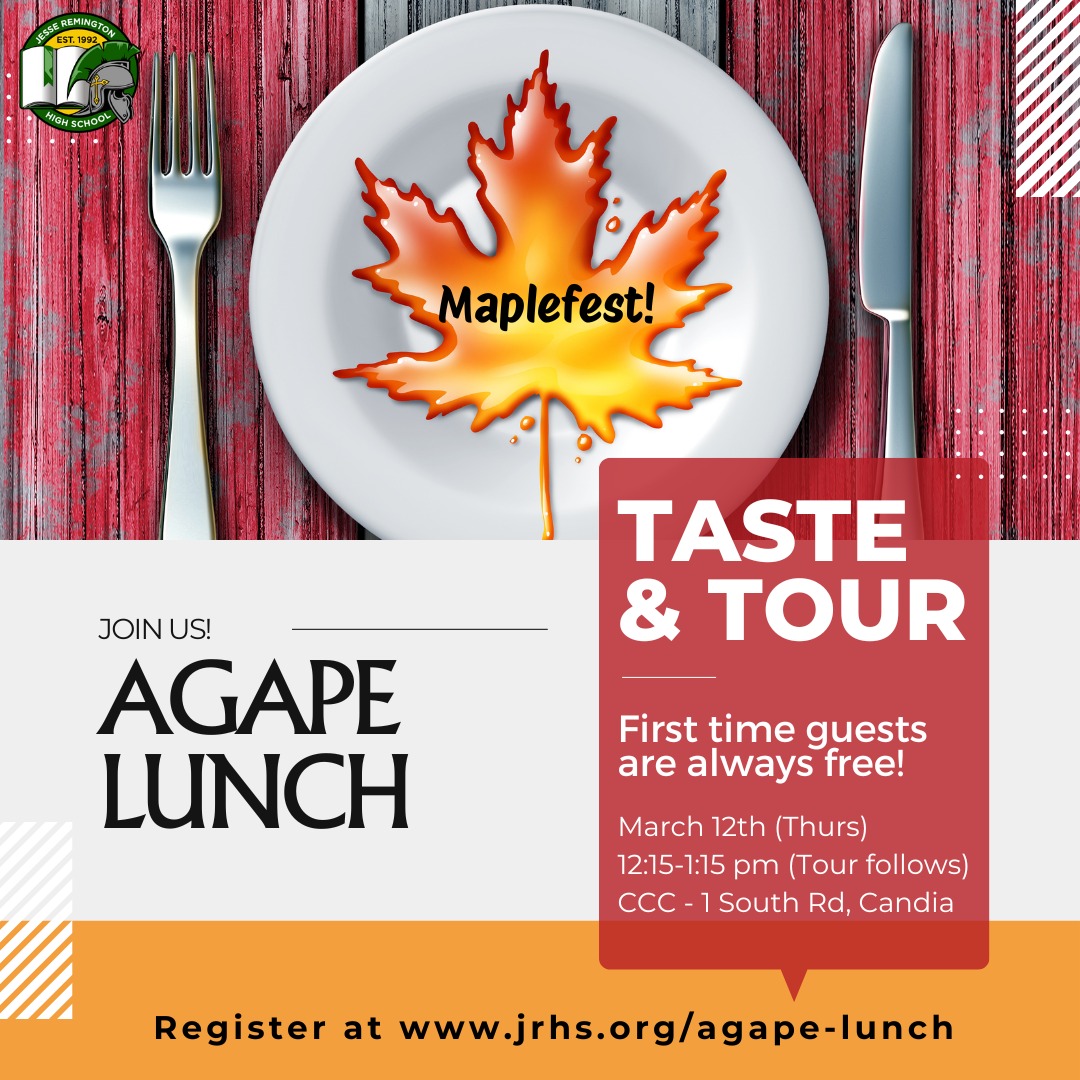 Join us for one of our sweetest days of the year 🍁
You’re invited to our annual Maplefest Taste & Tour Agape Lunch on Thursday, March 12, 2026 at 12:15 pm! Come enjoy a delicious lunch, great fellowship, and a sampling of our famous “God’s Secret Delight” maple syrup made right here on campus.
Stick around for a campus tour immediately following lunch and hear from our Five-minute Dessert Challenge speaker. It’s a fun, meaningful way to experience what makes our community so special.
First-time guests are always FREE. We’d love to host you!
Register today at www.jrhs.org/agape-lunch
🍽️✨