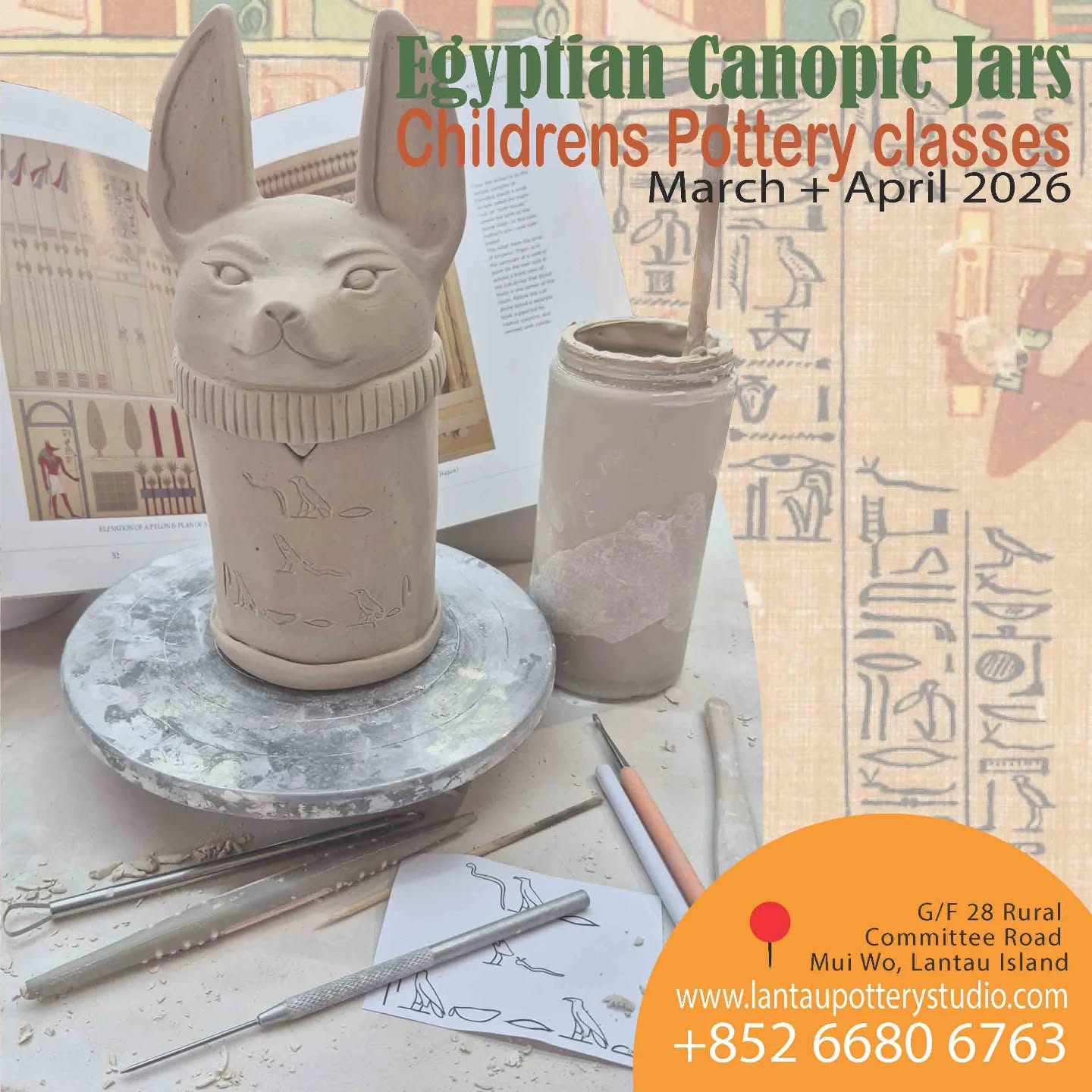 This March and April, Lantau Pottery Studio presents an immersive, 7-week studio course where students create their own functional set of Egyptian-inspired Canopic Jars.
About the Project:
This is a serious dive into the ceramic arts. Over seven structured sessions, students will act as true artisans:
1. DESIGN their cohesive set of jars, each with a unique guardian animal.
2. BUILD strong, functional jar bodies using slab, hand-building techniques.
3. SCULPT intricate animal-headed lids full of personality.
4. INSCRIBE secret messages using ancient Egyptian hieroglyphic script.
5. GLAZE their bisque-fired work with mid-range glazes.
All work is fired in our kilns to over 1200°C, resulting in durable, food-safe stoneware meant to be used and displayed with pride.
Why This Project is Special:
• Quality Outcome: Students create a set—a curated collection, not a single item.
• Skill Development: Builds patience, fine motor skills, 3D thinking, and creative problem-solving.
• Cultural Connection: Connects art with fascinating ancient history in a hands-on way.
• Tangible Pride: The finished product is a sophisticated artwork they can use daily.
Course Details:
• For Ages: 6-15 (Projects are tailored to individual skill levels)
• Duration: 7 x Studio Sessions
• Schedule (Choose One Day/Time):
* Tuesdays: Mar. 3,10,17,24, Apr. 14,21,28
* Wednesdays: Mar.4,11,18,25, Apr.15,22,29
* Thursdays: Mar.5,12,19,26, Apr.16,23,30
* Saturdays: Mar.7,14,21,28, Apr. 11,18,25
• Includes: All professional-grade stoneware clay, glazes, tools, and firing fees.
DM for sign-up details.
#lantauisland #lantaupottery #muiwo #hkkids #hkfamily