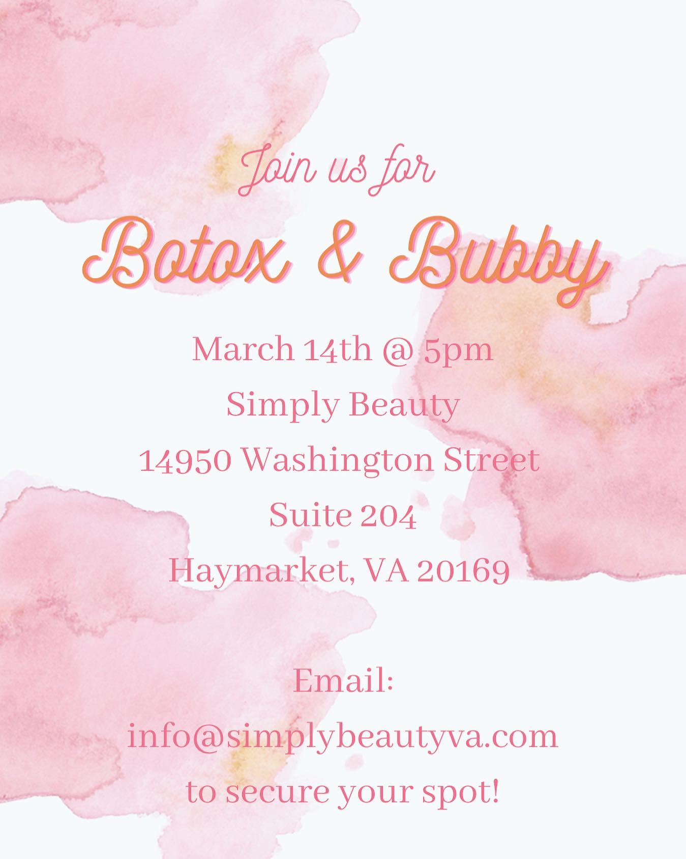 Join Us for a little Botox & Bubby! π₯
March 14th @ 5pm
Email: info@simplybeautyva.com to secure your spot!
.
.
.
.
.
.
#eyelashextensions #lashextensions #lashes #lash #extensions #eyelashes #follow #like #gainesvilleva #haymarketva #bristow #dmv #dc #dclashes #dmvlashes #goals #beauty #botox #filler #spraytan