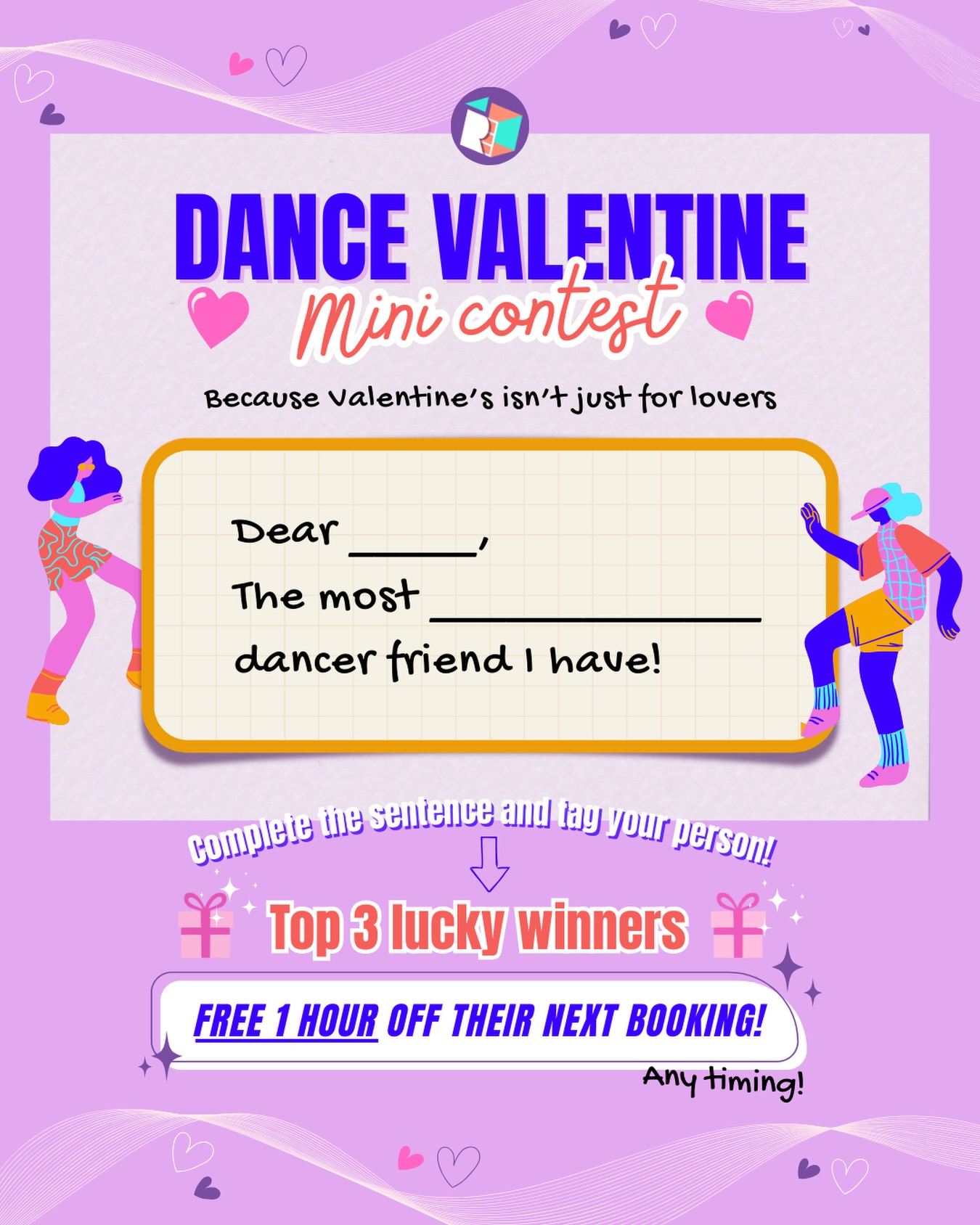 Valentineβs isnβt just for lovers, itβs for the friend who dances life with you ππΊ
Complete the sentence & tag your person π For example,
βDear @friend,
The most inspiring dancer friend I have.β
Top 3 lucky winners will each receive
β¨ FREE 1 hour off their next booking (any timing)
Because Valentineβs isnβt just for lovers π
β° Contest ends: 14 Feb 2026, 11:59PM
π Winners announced: 15 Feb 2026, 2:00PM