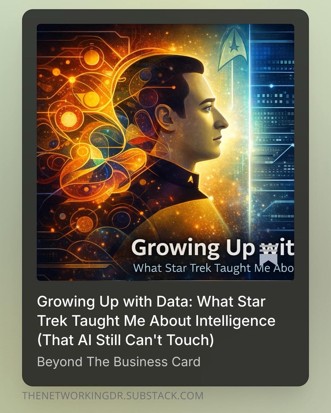 I grew up watching an android try to become human.” 🤖✨
In a world obsessed with AI’s speed, @thenetworkingdr takes us back to Star Trek: The Next Generation to explore why intelligence without meaning is always incomplete.
If you’ve ever felt like you didn’t quite fit in, or if you’re wondering how to stay relevant in an automated world, this one is for you. It’s a beautiful look at why our “messiness” and ability to hold contradictions is actually our greatest superpower.
Dive in: https://open.substack.com/pub/thenetworkingdr/p/growing-up-with-data-what-star-trek?r=rthlv&utm_medium=ios&shareImageVariant=overlay
#StarTrek #CommanderData #DigitalTransformation HumanConnection