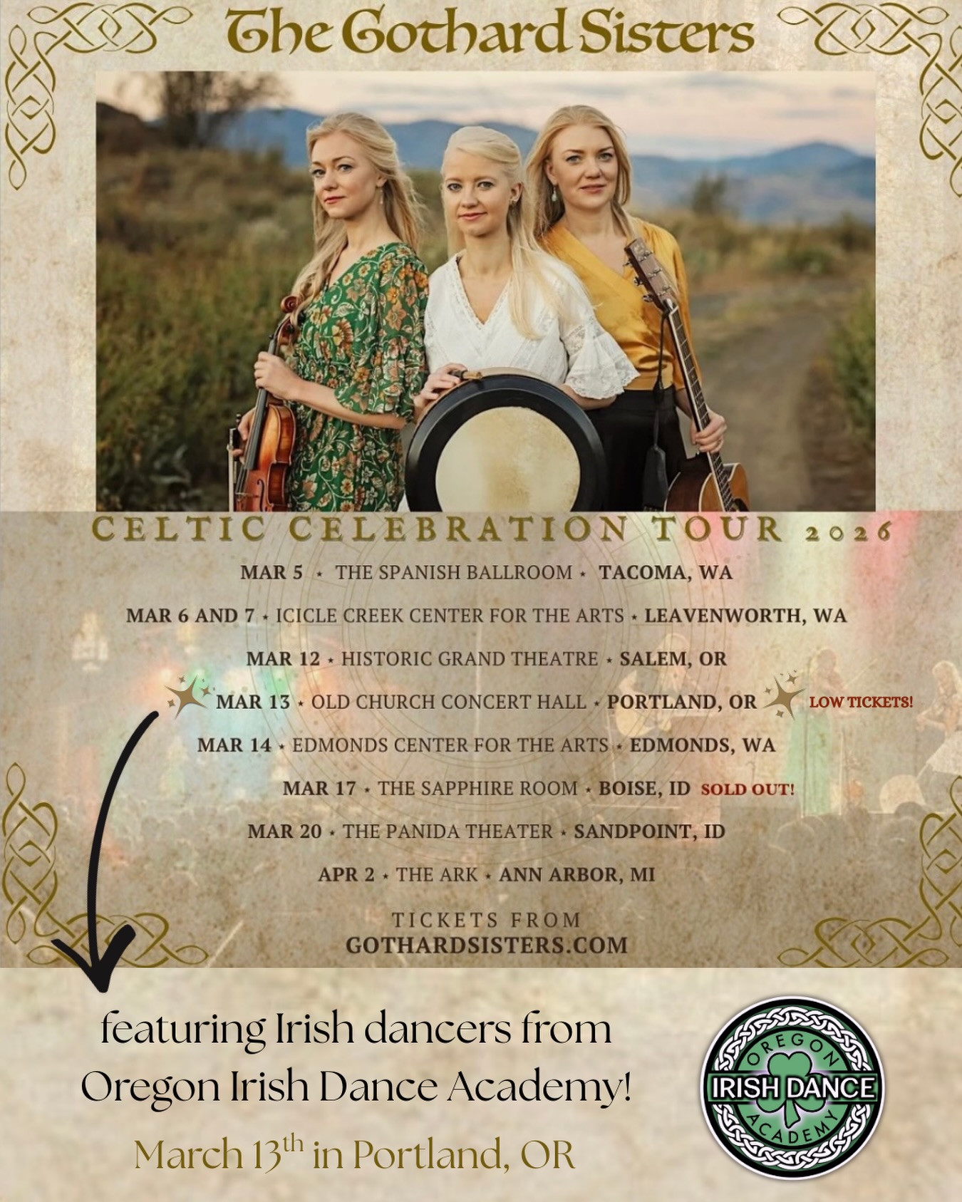 One month away!! 🎻 Get your tickets now to see the @gothardsisters on Friday, March 13th at @theoldchurchconcerthall in Portland 🎶
☘️ Featuring Irish dancers from OIDA - our newest Pre-Team! This group of dancers is SO excited to perform together for the first time, plus enjoy the concert! 🎉
🌟 Tickets are already low and these concerts tend to sell out in advance, so get yours now for a wonderful start to St. Patrick’s Day festivities! 🌟
#celticmusic #irishdance #thegothardsisters #pdx #portlandor