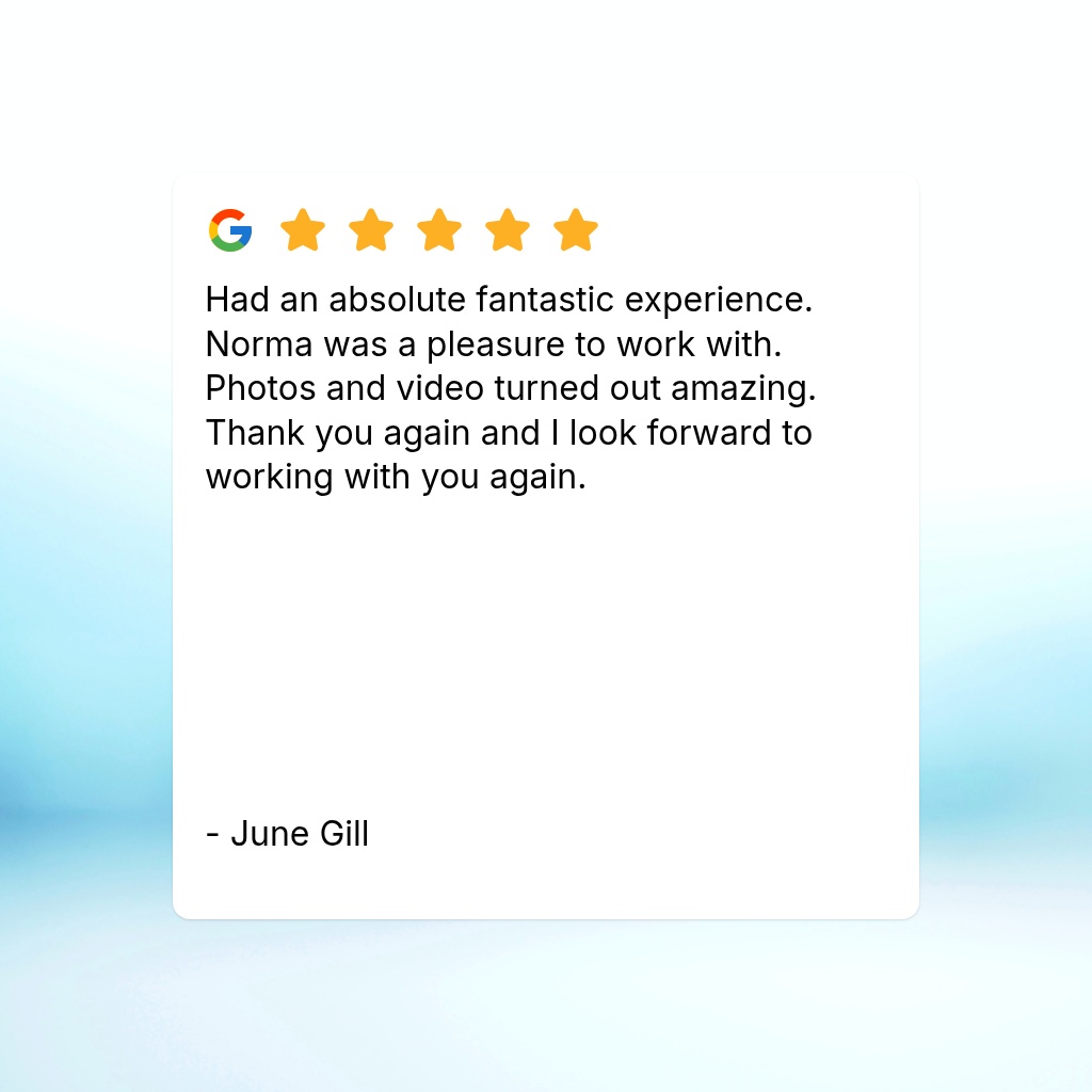 Had an absolute fantastic experience. Norma was a pleasure to work with. Photos and video turned out amazing. Thank you again and I look forward to working with you again.