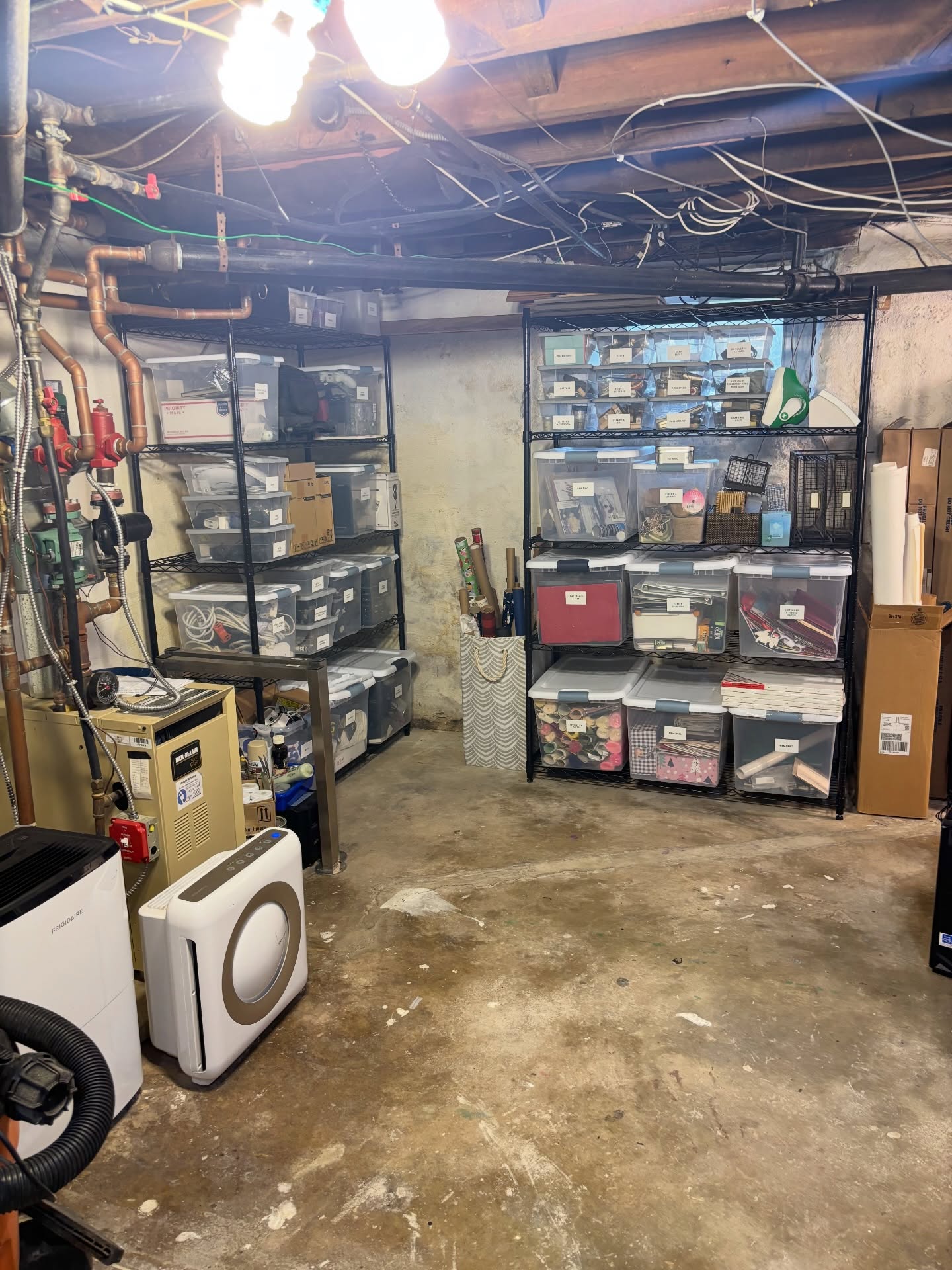 Before & Afters! We removed random old furniture and work tables, added racks and bins, organized and zoned out all the categories. This basement was transformed. #organized #organizedlife #organizingtips #mainlinemoms #organization