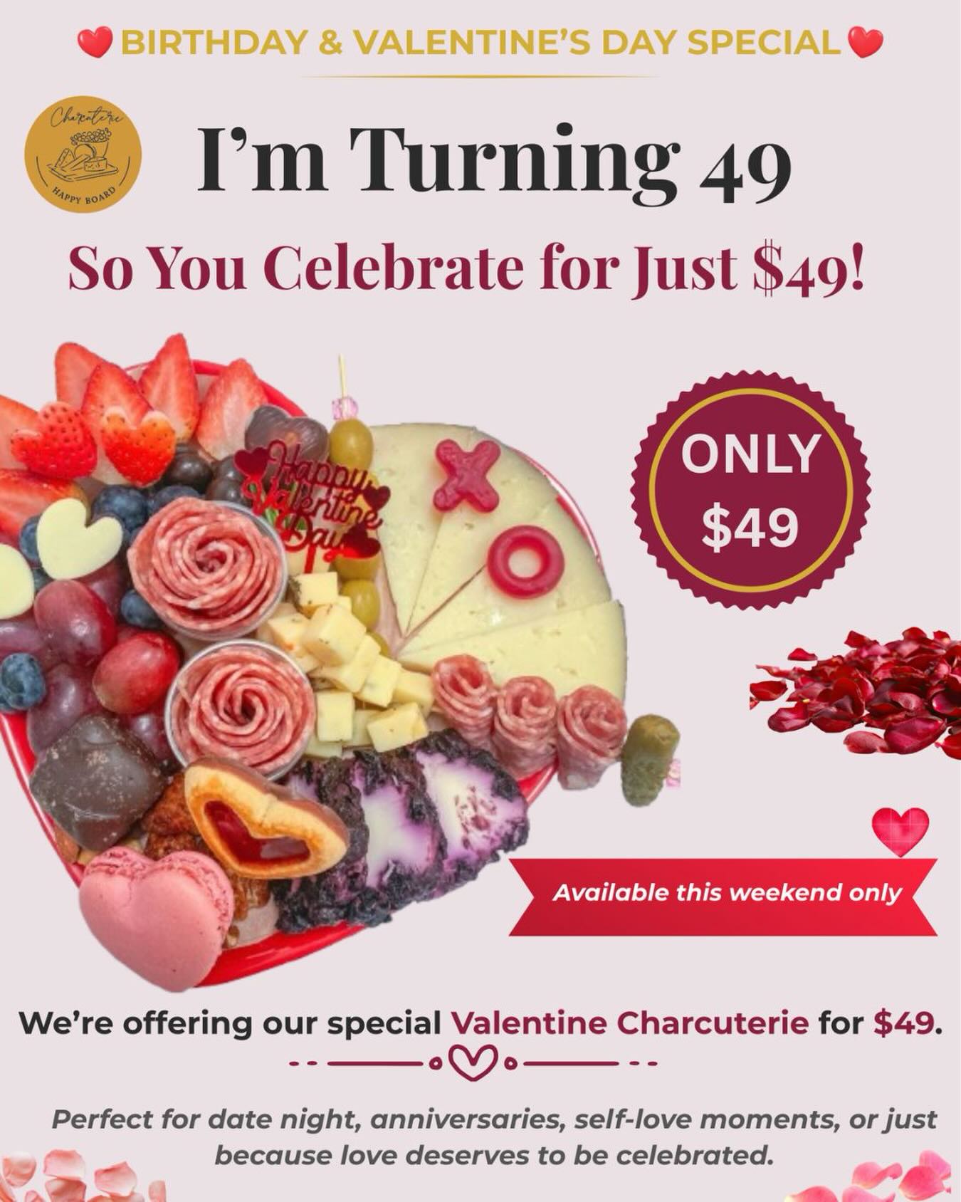 I’m turning 49 this week and YOU get the gift!
To celebrate my birthday + Valentine’s Day, I’m offering this special Valentine Charcuterie for just $49 🎂💘
Perfect for date night, Galentine’s, self-love, or just because.
Available this week only until sold out.
#CharlestonValentine
#ValentineCharcuterie
#Datenighttreat
#Birthdaycelebration