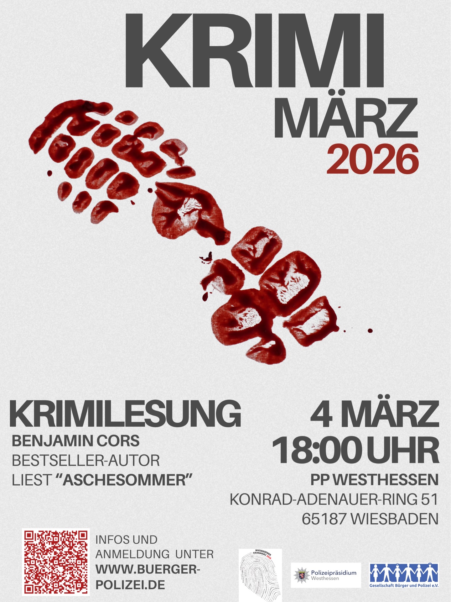 🔎 Spannung hautnah erleben!
Im Rahmen des Krimi März Wiesbaden lädt die Gesellschaft Bürger und Polizei e.V. zu einem ganz besonderen Abend ein: Bestseller-Autor Benjamin Cors liest live im Polizeipräsidium Westhessen, einer Location, die für echte Krimi-Atmosphäre sorgt. 🚓📖
📅 04. März 2026
🕕 18:00 Uhr
📍 Polizeipräsidium Westhessen, Wiesbaden
Freut euch auf eine fesselnde Lesung, spannende Einblicke und Gänsehaut-Momente direkt dort, wo echte Ermittlungen stattfinden.
🎟️ Jetzt Platz sichern – Anmeldung über den Link in unserer Bio!